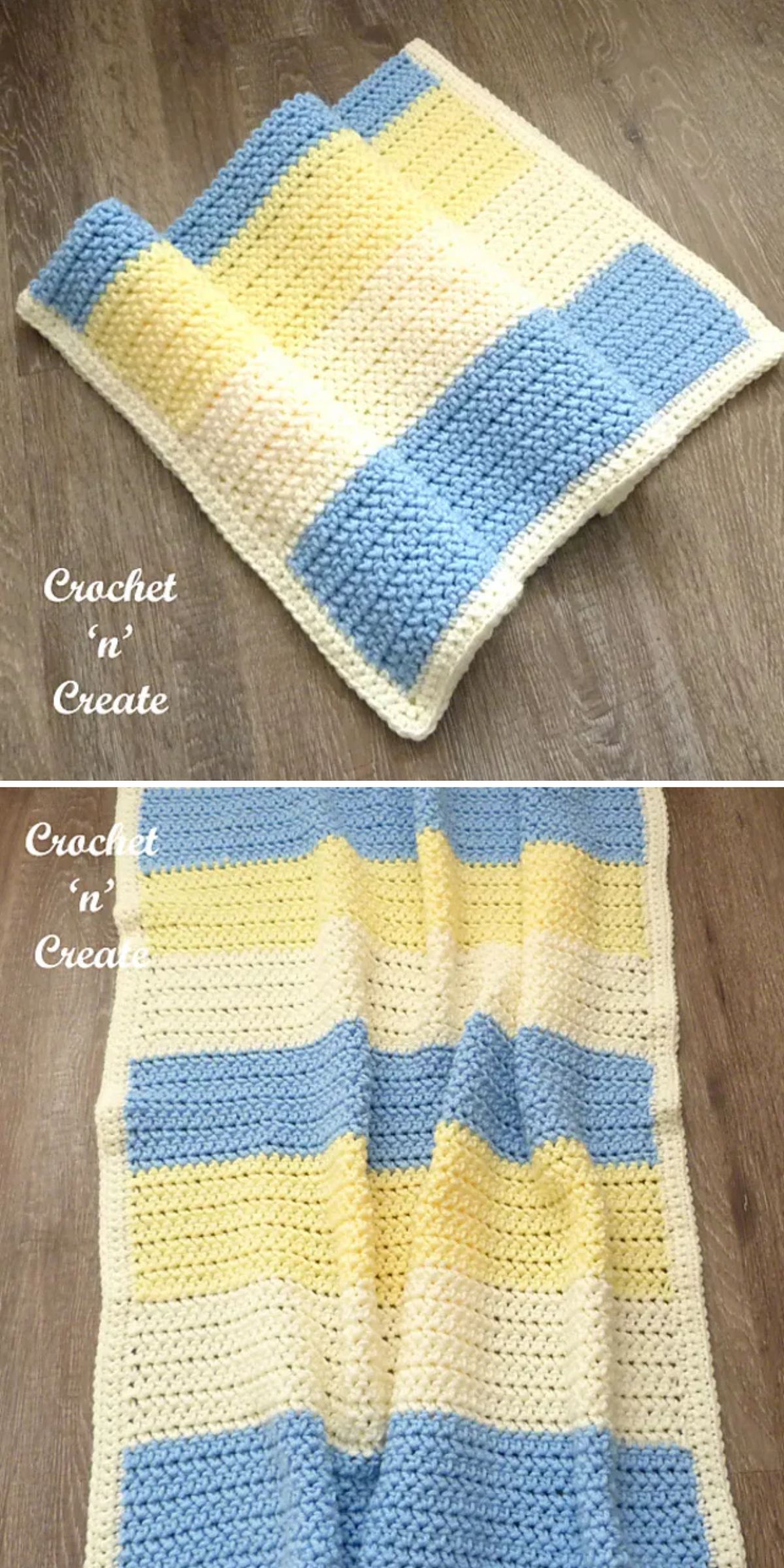 A folded and unfolded crochet baby blanket with blue, yellow, and cream stripes on a wooden floor.
