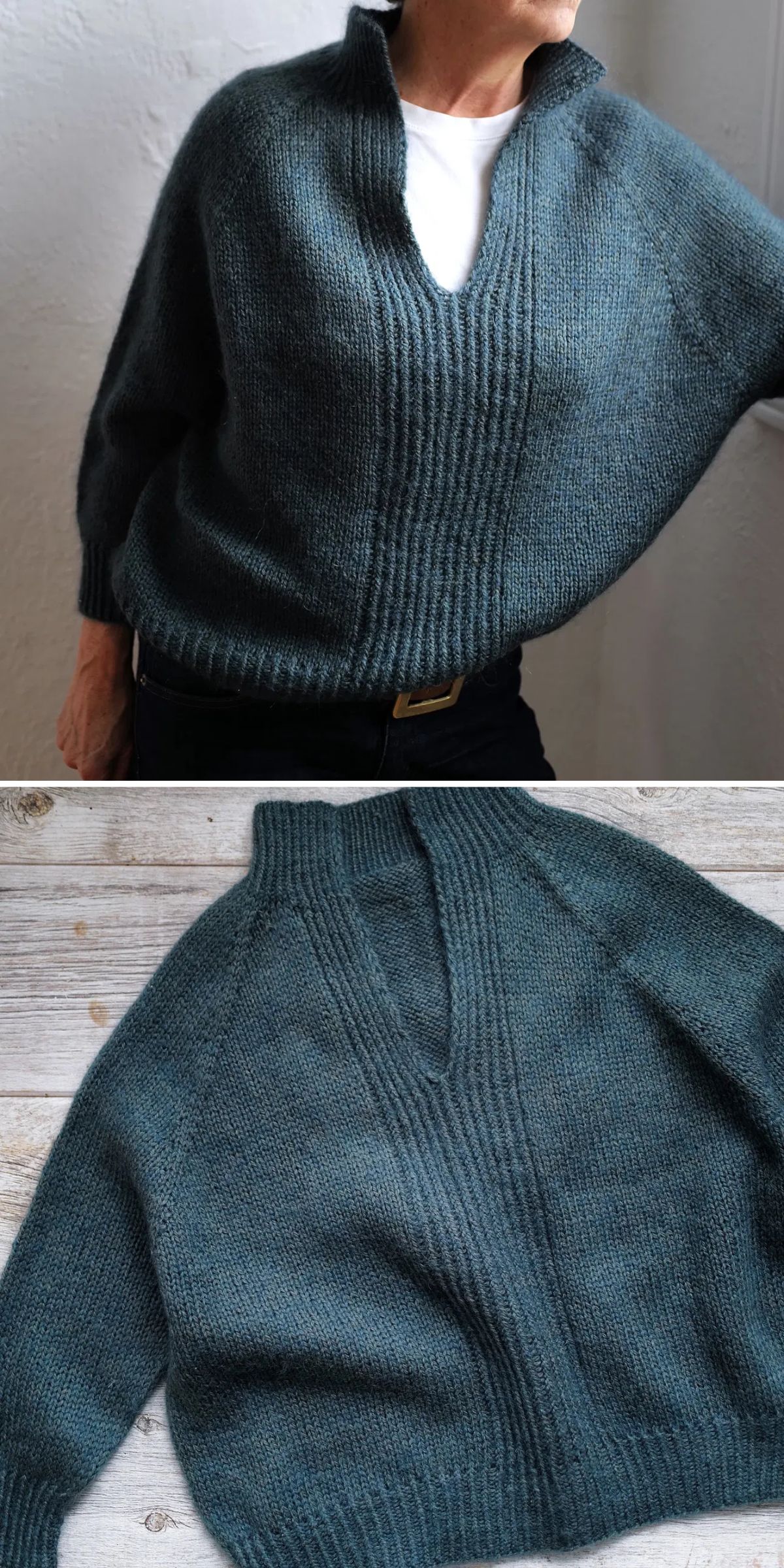 Two images of a dark green knit sweater with a V-neck and partial zip. The top image shows the sweater worn by a person, while the bottom image shows it laid flat on a wooden surface.