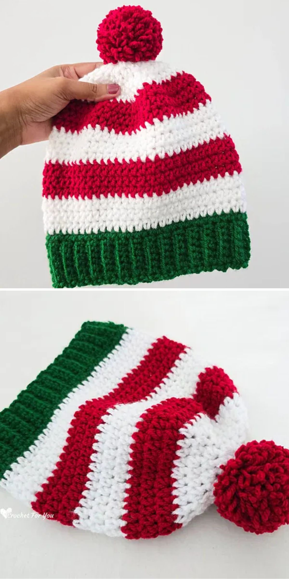 Crochet hat with red, white, and green stripes and a red pom-pom is shown in two perspectives: held up and lying flat.