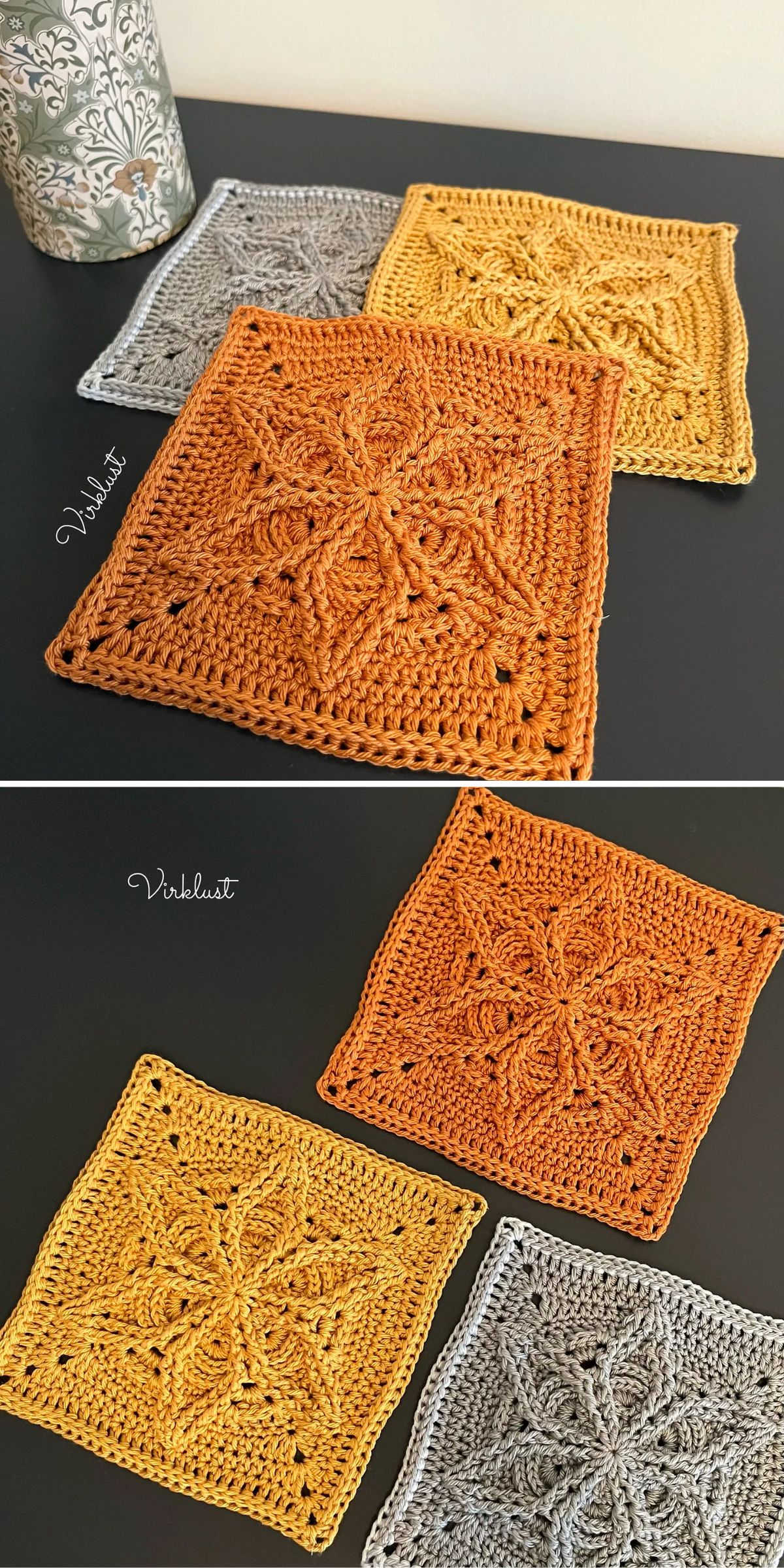Three crochet squares in orange, yellow, and gray with intricate patterns are displayed on a black surface next to a decorative candle holder.