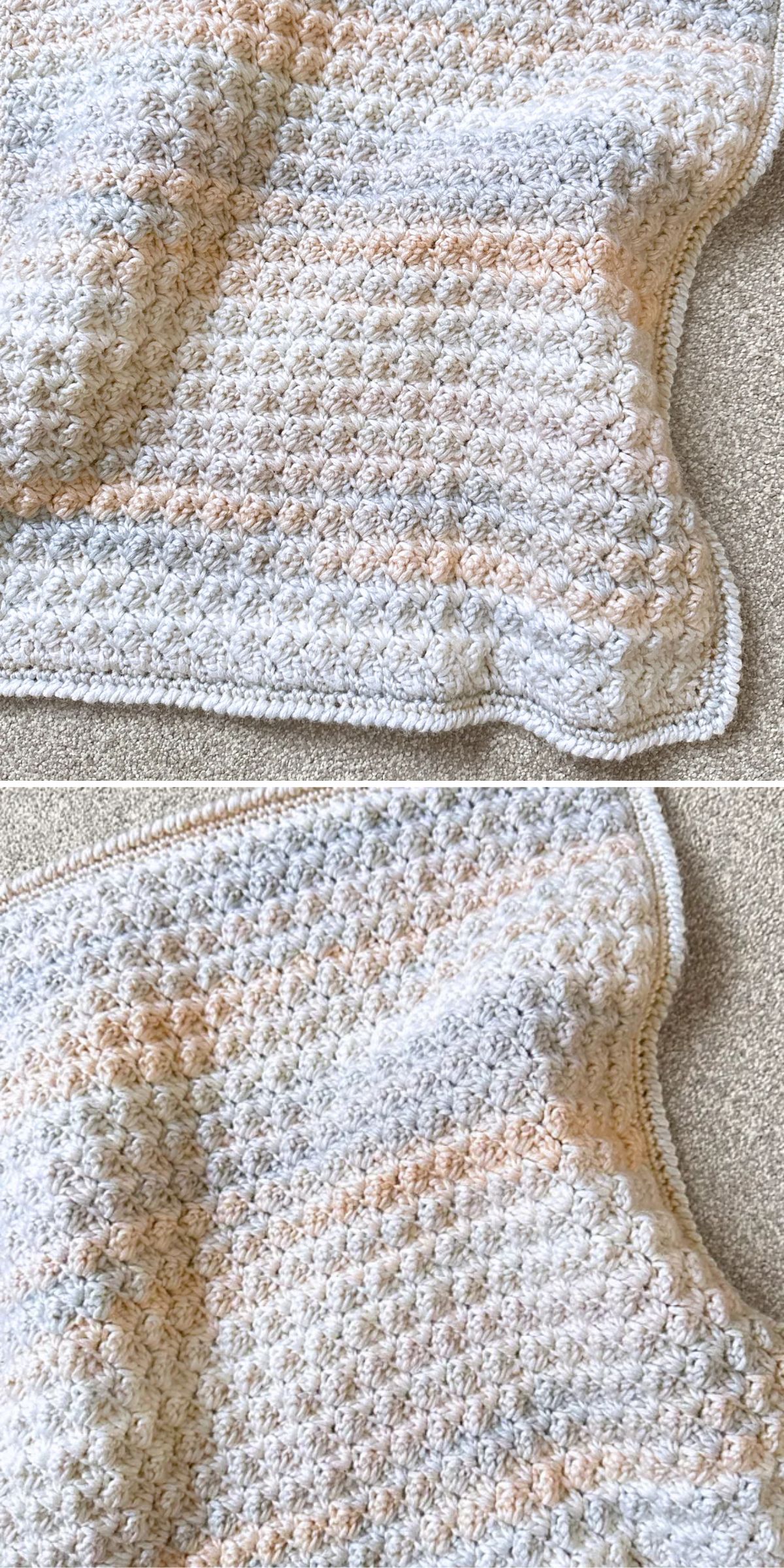 Close-up of a crochet baby blanket with a textured pattern in soft pastel colors, including peach, blue, and cream, laid on a surface.