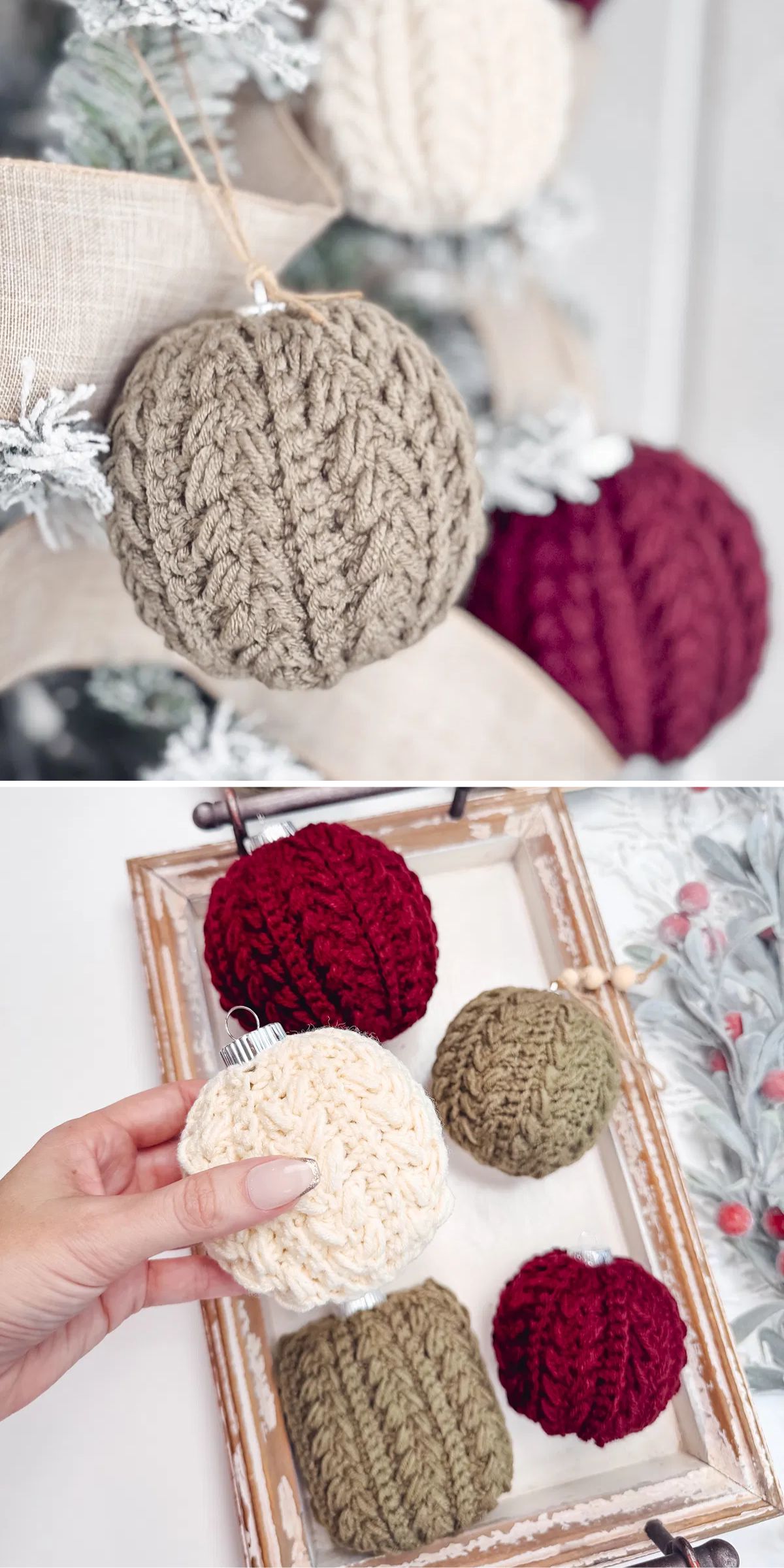Crochet Christmas ornaments in beige, red, and ivory on a snowy tree and a wooden tray. A hand holds one ornament.