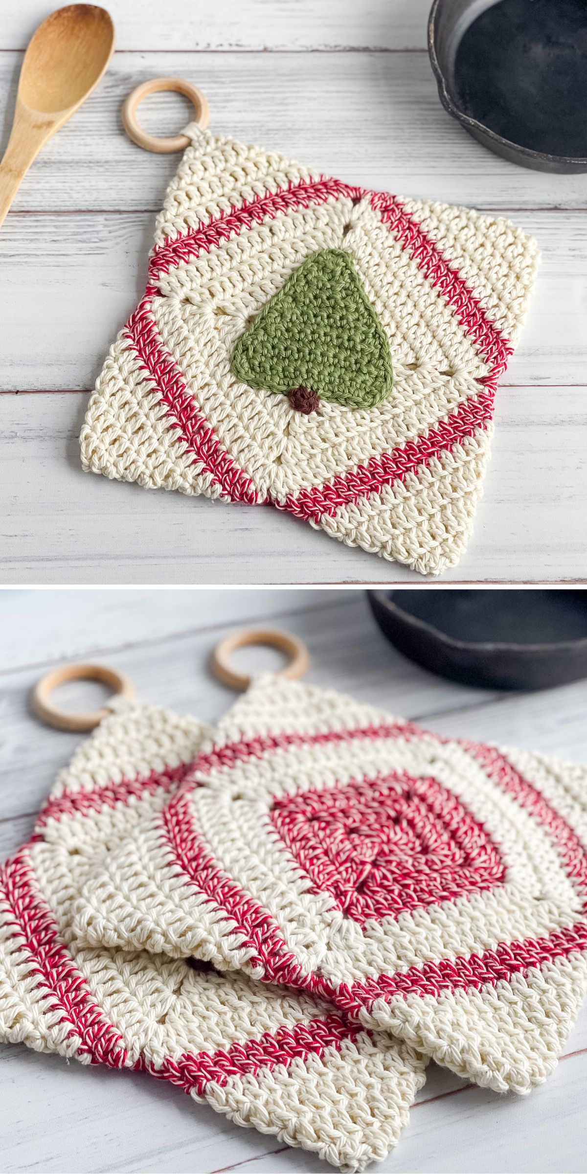 Two crochet pot holders with red and white patterns, one featuring a green tree design, placed on a light wooden surface near a spoon and a black bowl.