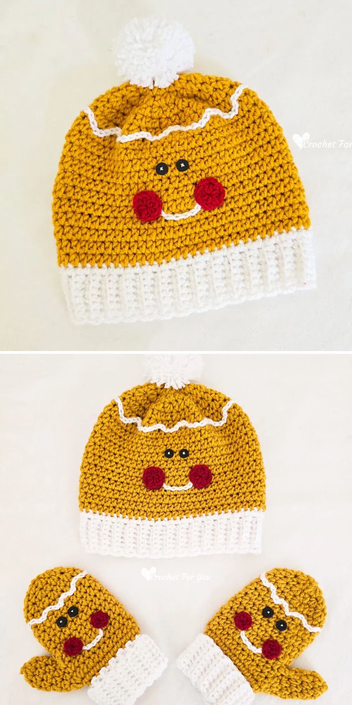 Crochet gingerbread-themed hat with a pom-pom and matching mittens, featuring a smiling face design, red cheeks, and white trim.
