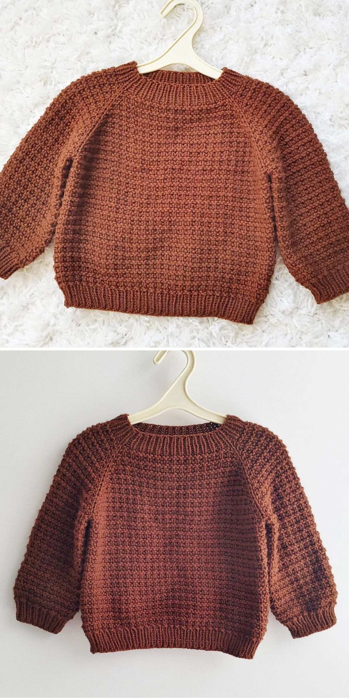 Two images of a brown knitted sweater on a hanger, showcasing the front and back views, against a light background.