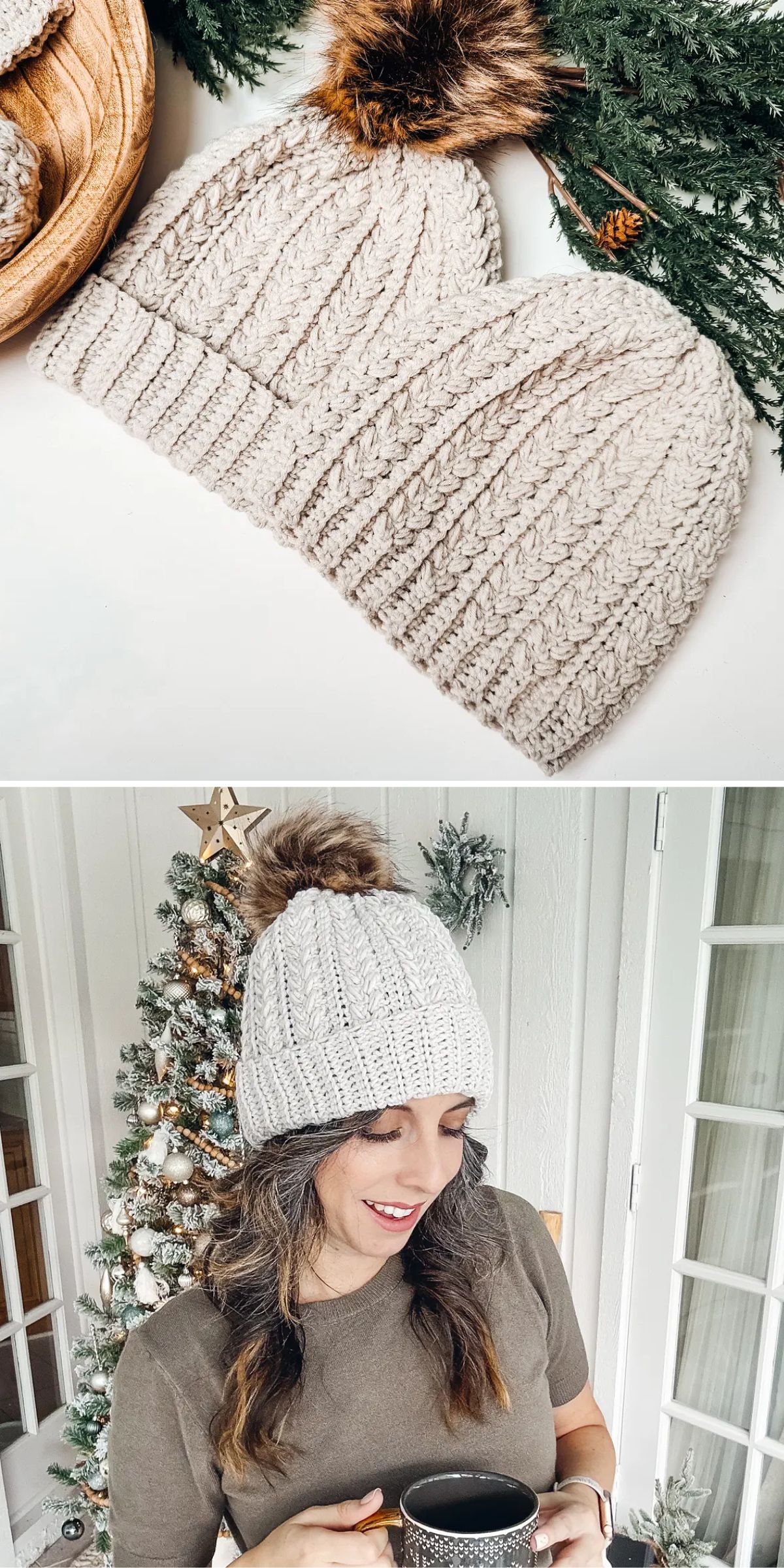 Two crochet white hats with pom-poms are displayed on a table. Below, a person wearing one of the hats stands indoors, holding a mug, with a decorated Christmas tree in the background.