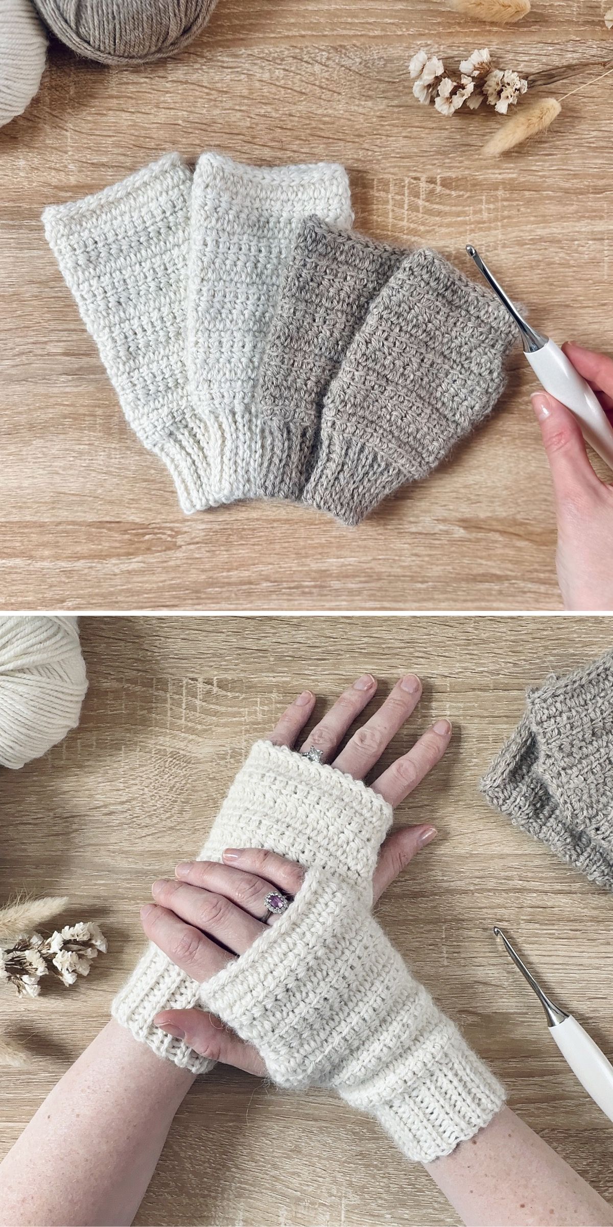 crochet wrist warmers in white and grey