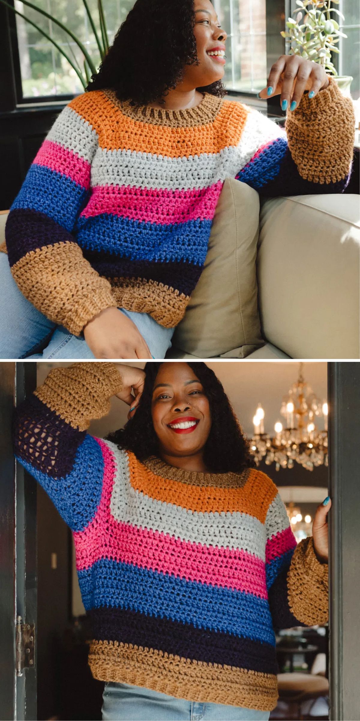 A person wearing a colorful striped crochet sweater sits on a couch and stands in a doorway, smiling. Chandelier visible in the background of the second image.