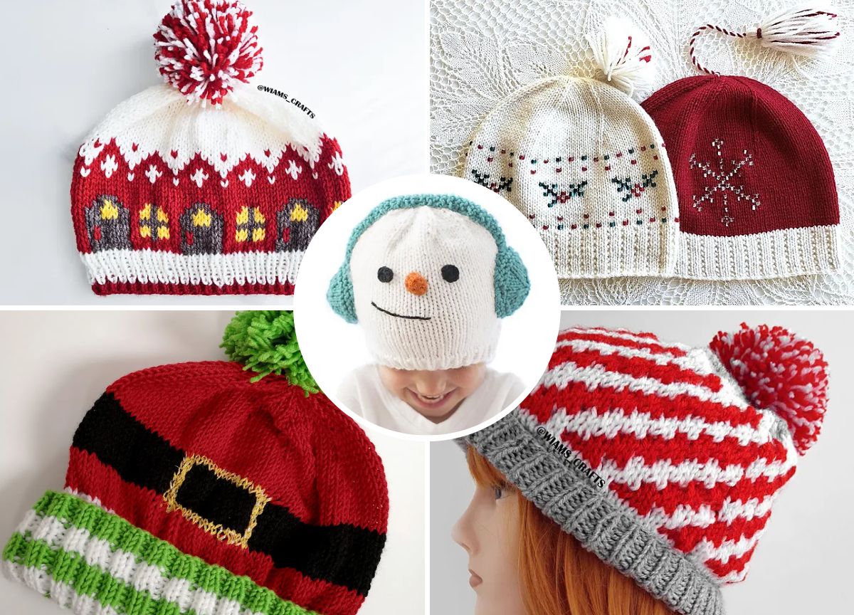 A collage of knitted winter hats: red and white festive patterns, snowman face with earmuffs, Santa's outfit design, and red stripes with a pom-pom.