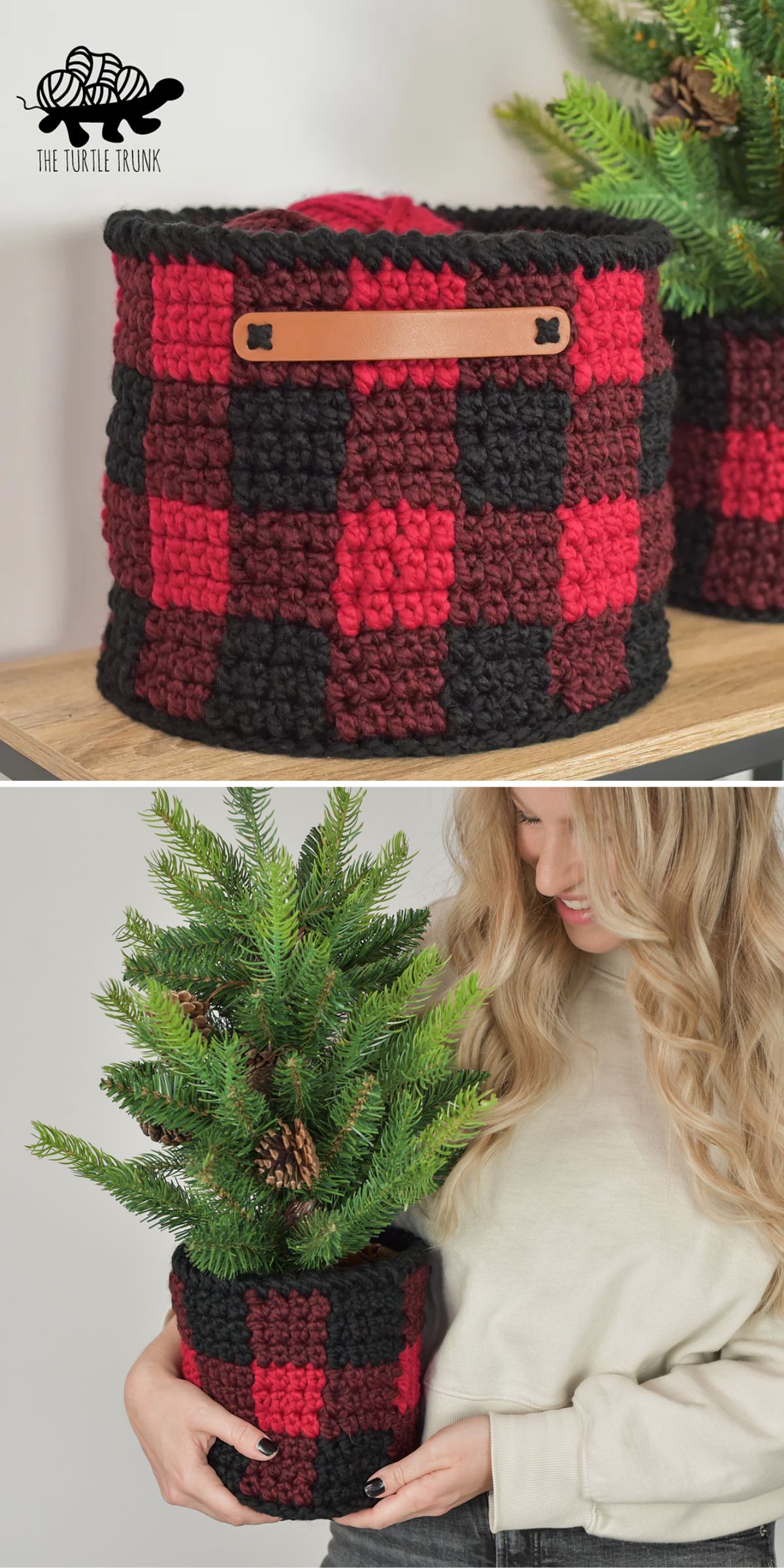 Two crochet baskets with red and black plaid patterns; the top basket is displayed on a shelf, and the bottom basket holds a small pine branch, held by a person.