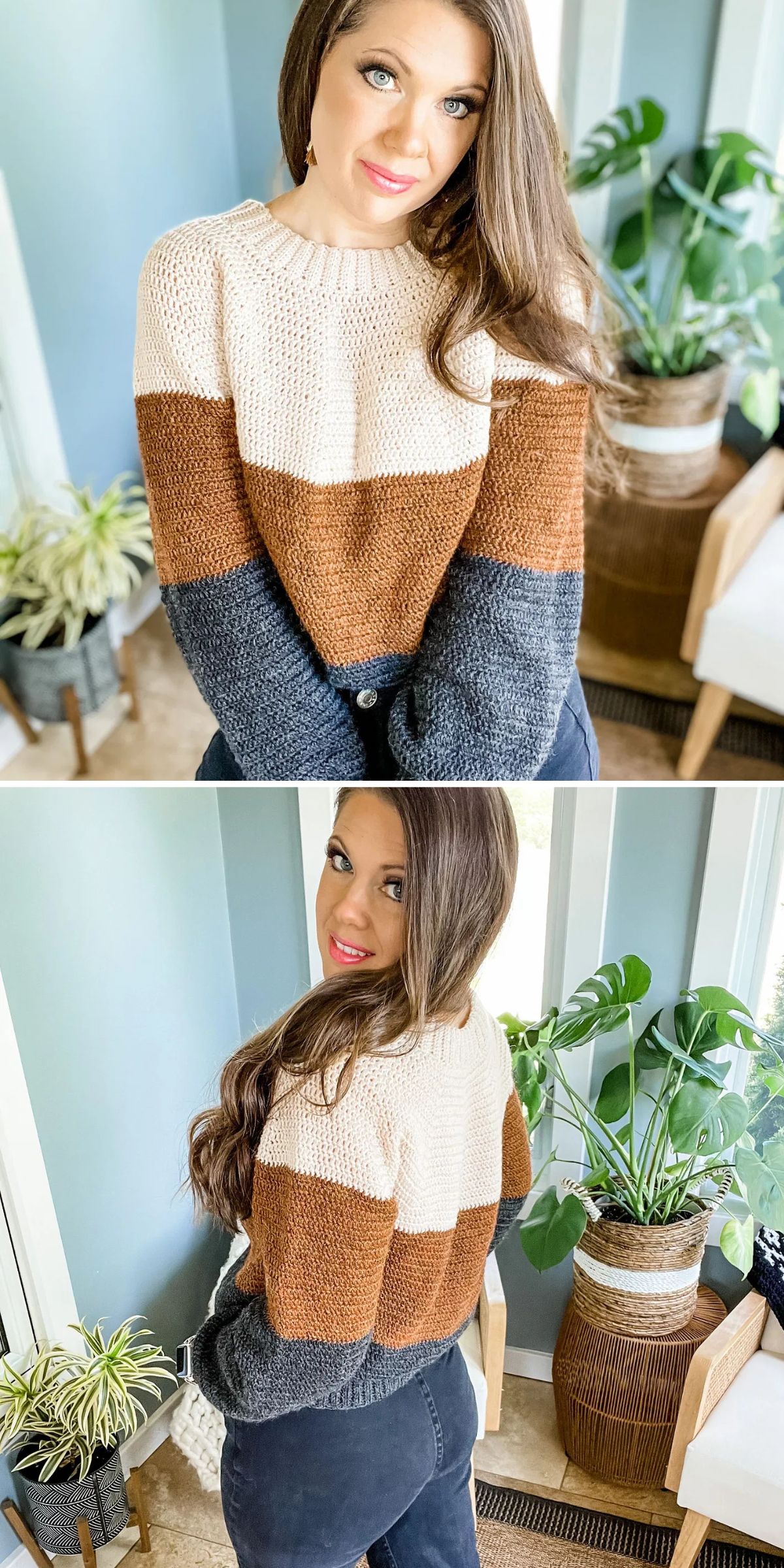 A person wearing a color-block crochet sweater poses indoors. The room has green plants and a wicker chair.