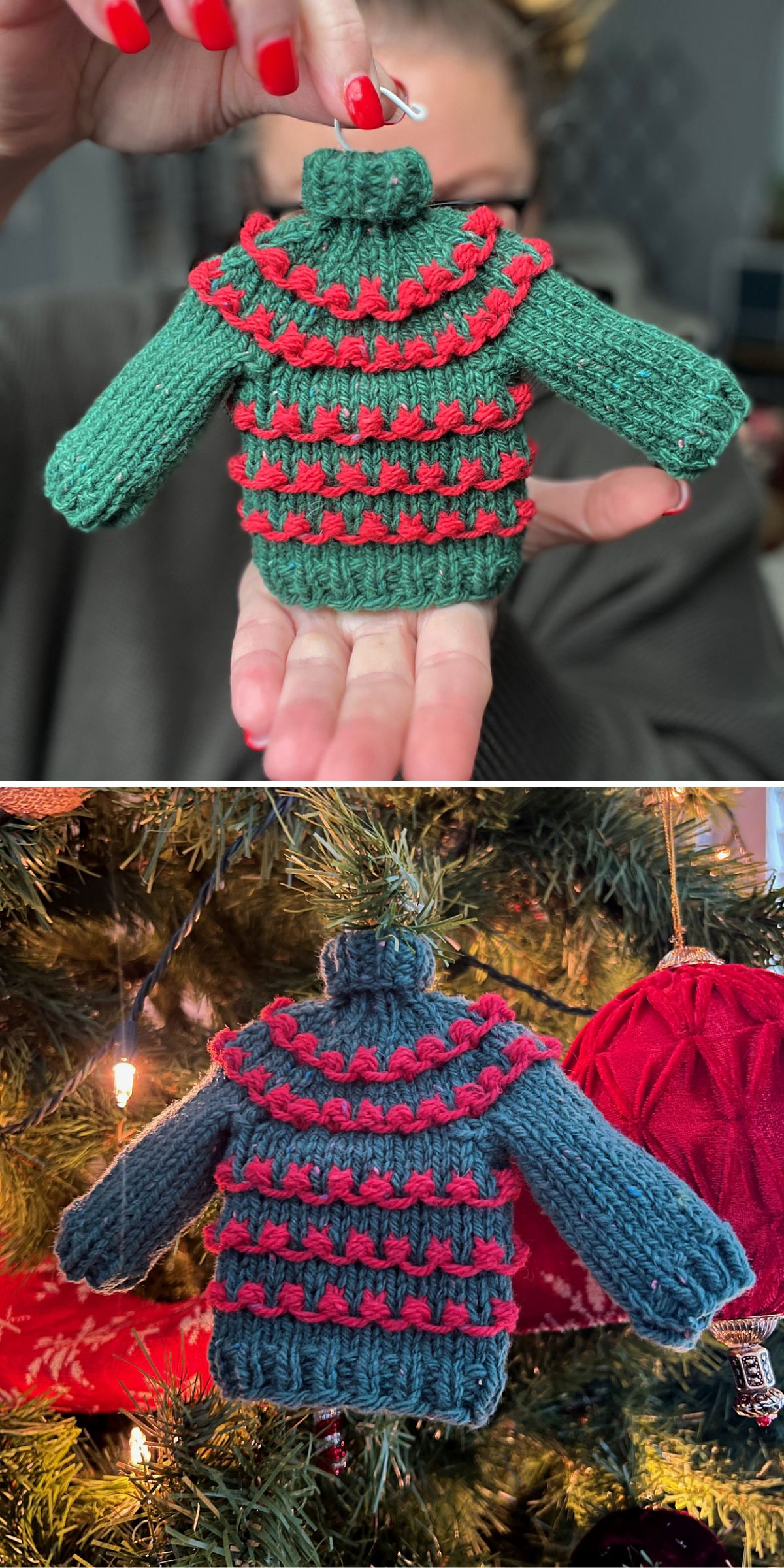 Two images of a small, knitted sweater ornament. One image shows it held in a hand, while the other displays it hanging on a Christmas tree. It features green and red colors.