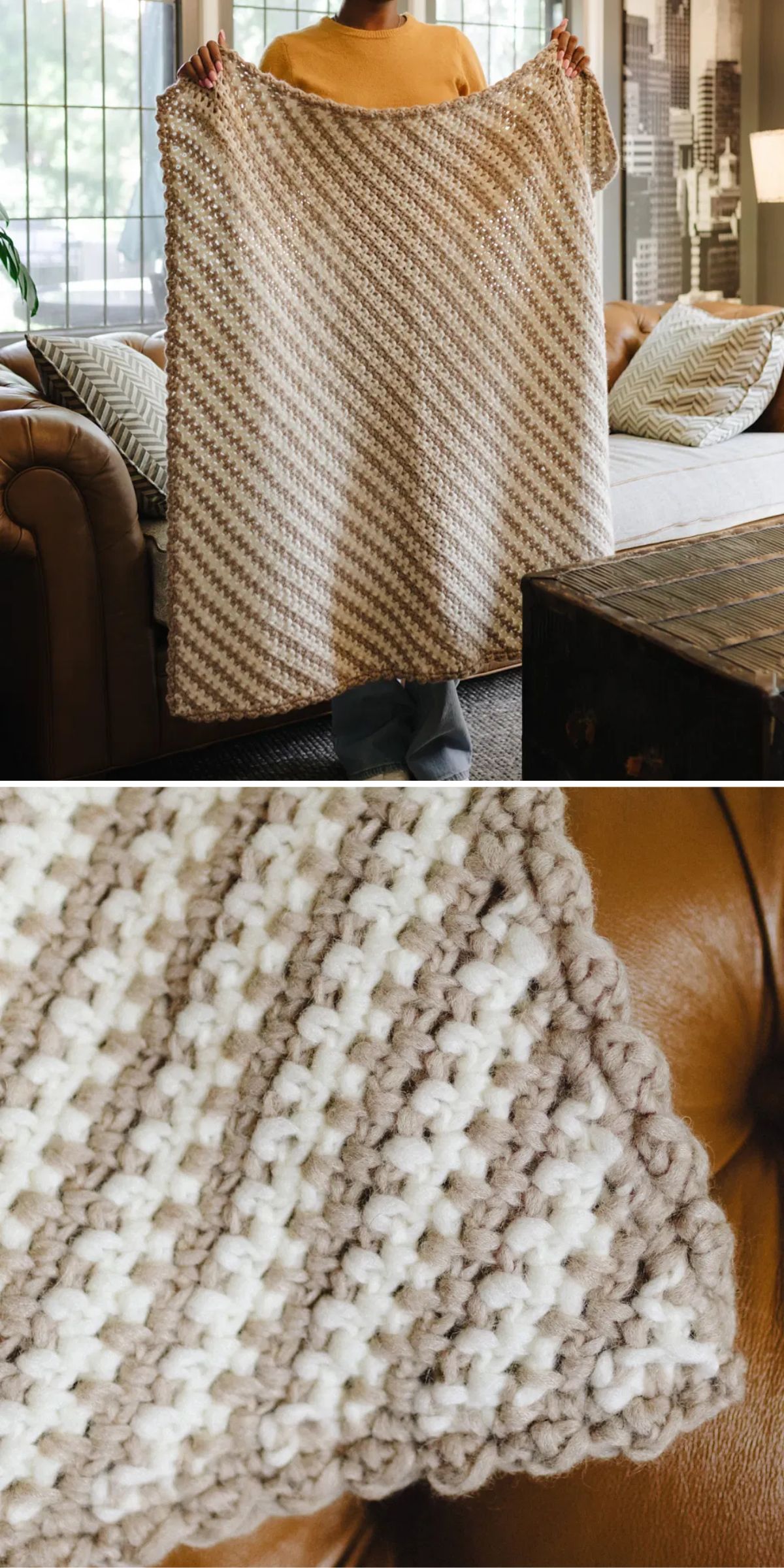 A person holds a crochet blanket with a diagonal pattern in shades of brown and white, shown in a living room. Close-up displays the texture and stitching of the blanket.