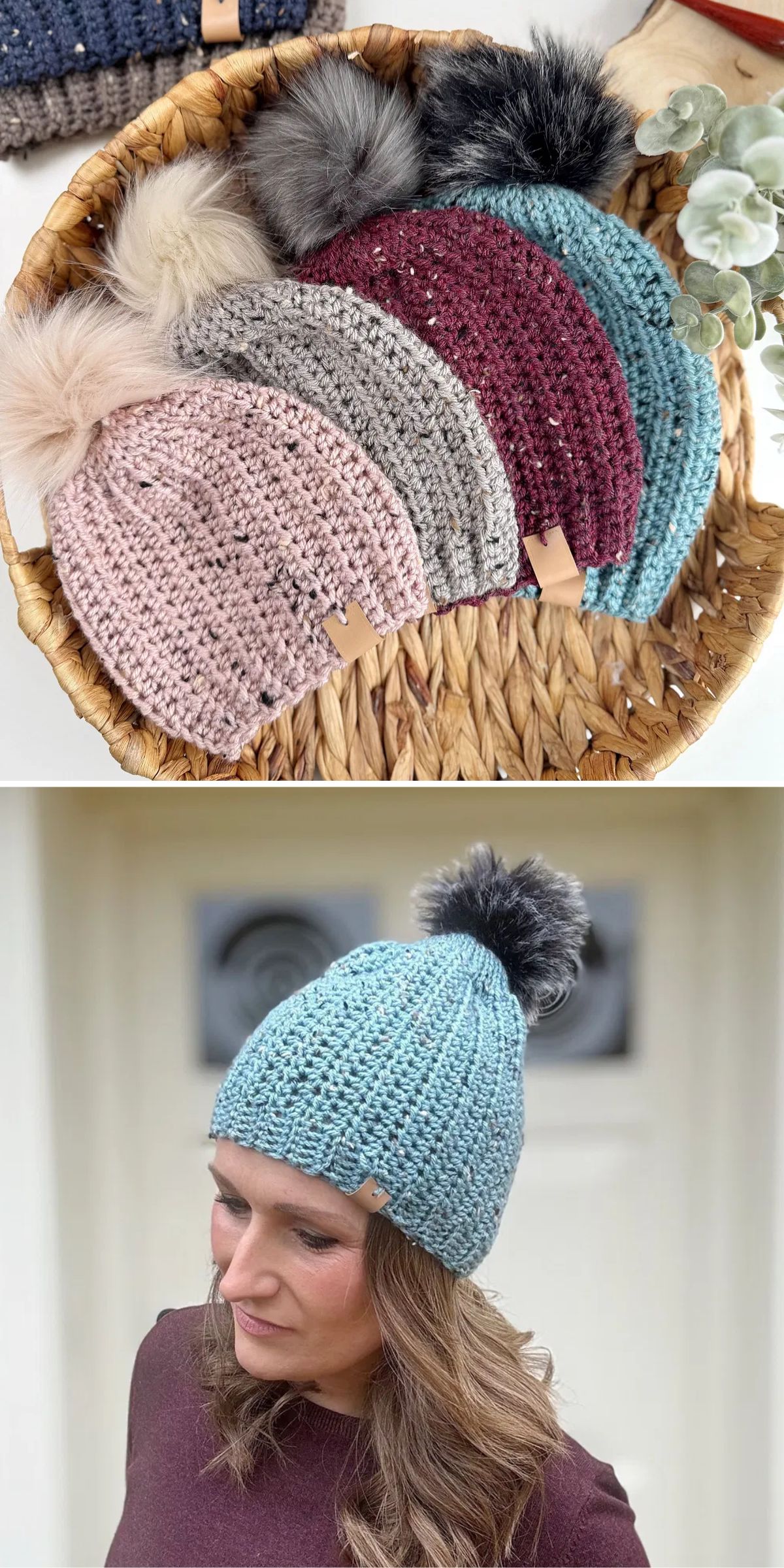 A collection of five crochet hats with pom-poms in a basket above a woman wearing a blue hat with a pom-pom.