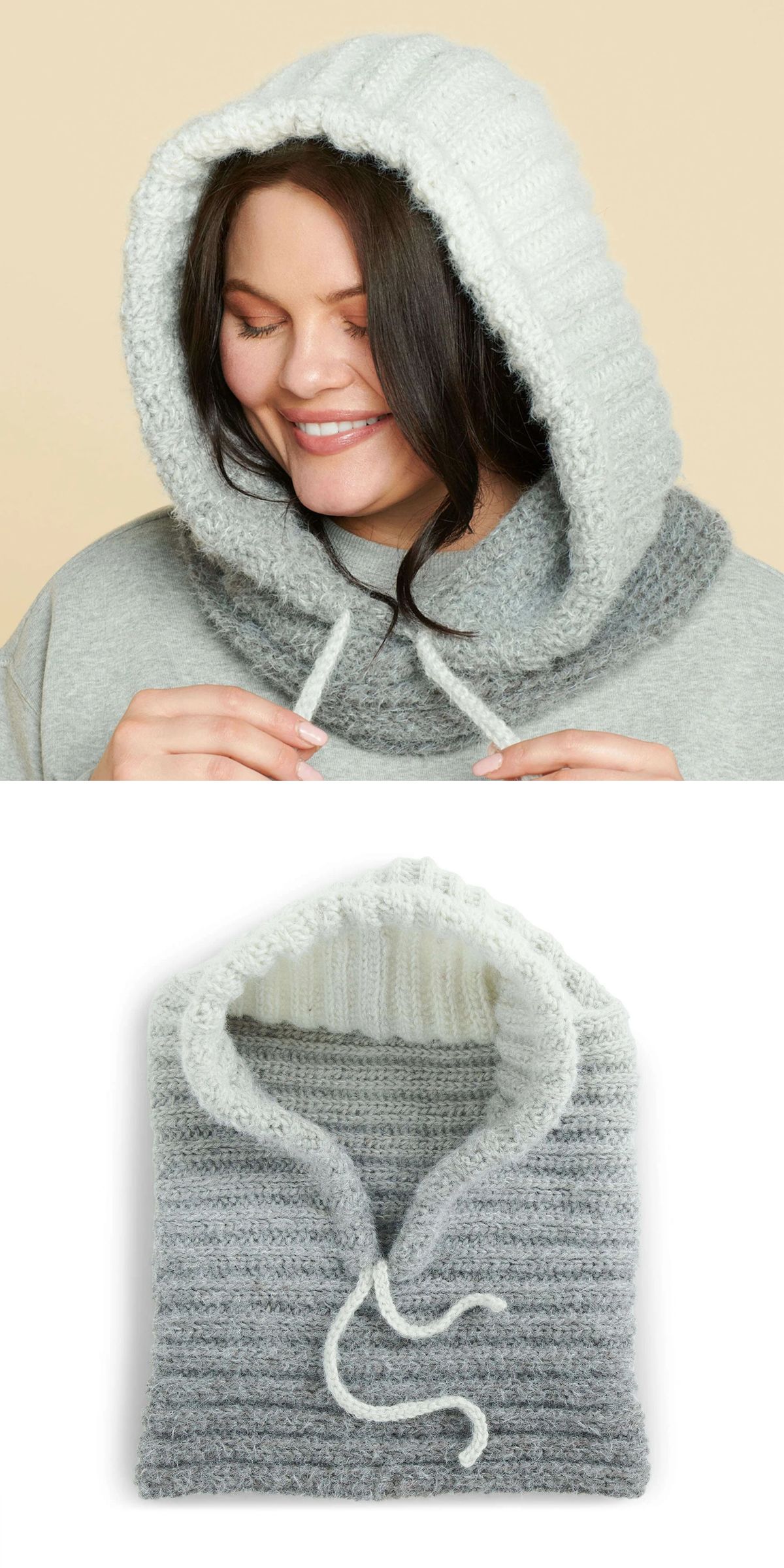 Smiling person wearing a gray crochet hood with a drawstring; second image shows the hood laid flat, showcasing its texture and design.