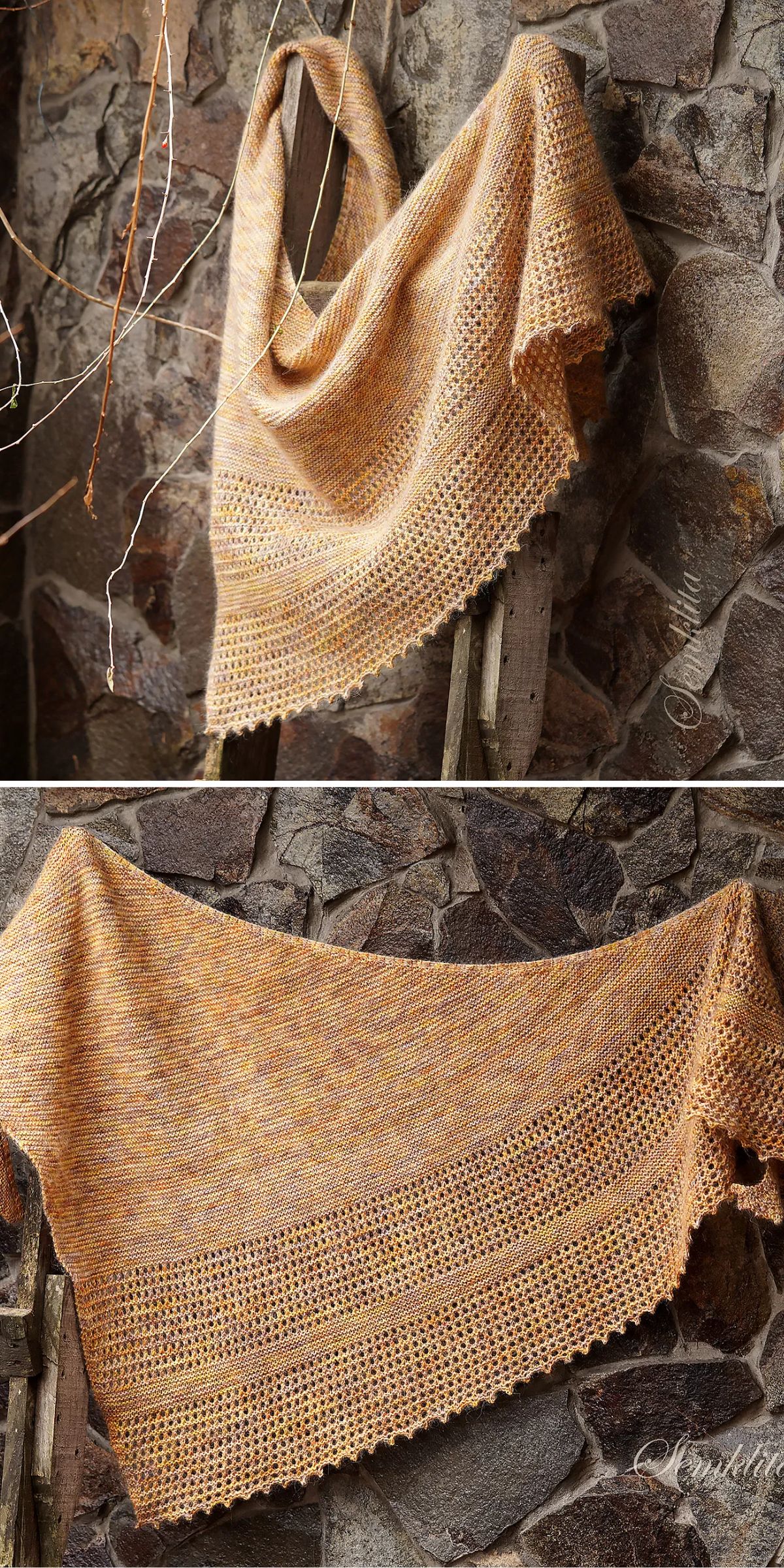 Two views of a knitted shawl draped over a ladder and hanging against a stone wall. The shawl features a textured pattern with a warm, earthy color.