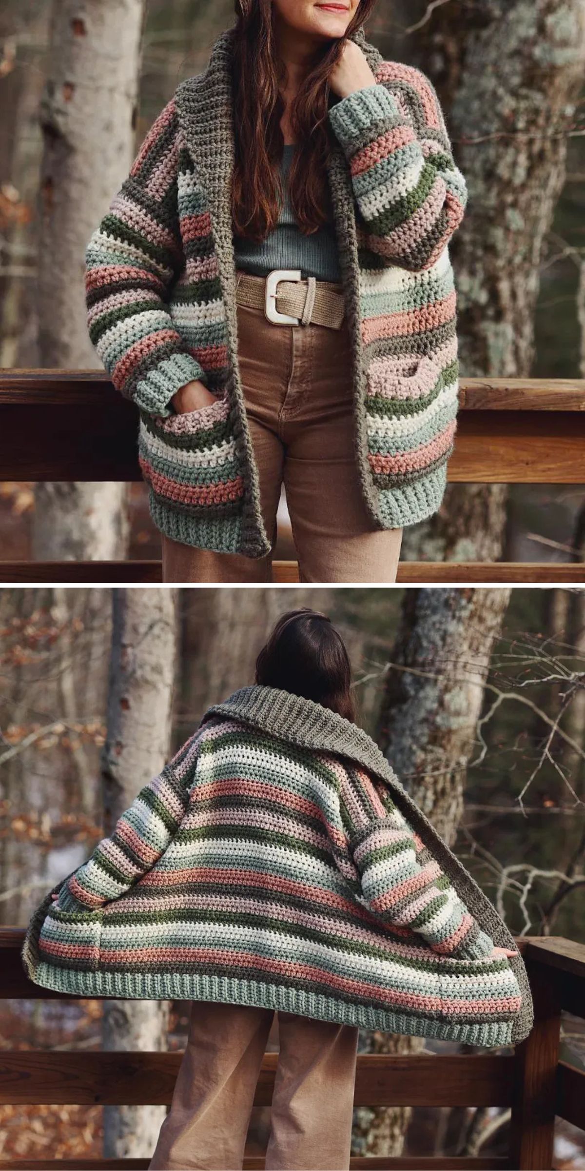 Person wearing a striped, multicolored crochet cardigan and beige pants, standing on a wooden deck with trees in the background.