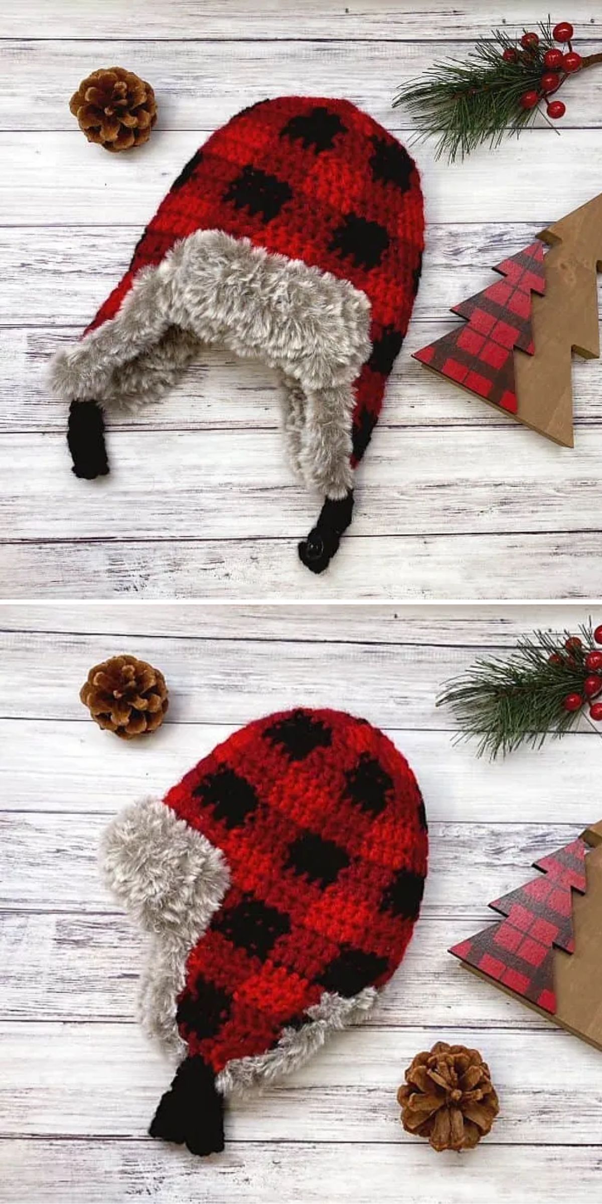 Two images of a red and black plaid winter crochet hat with faux fur lining, set on a wood surface with pine cones and a decorative paper tree.