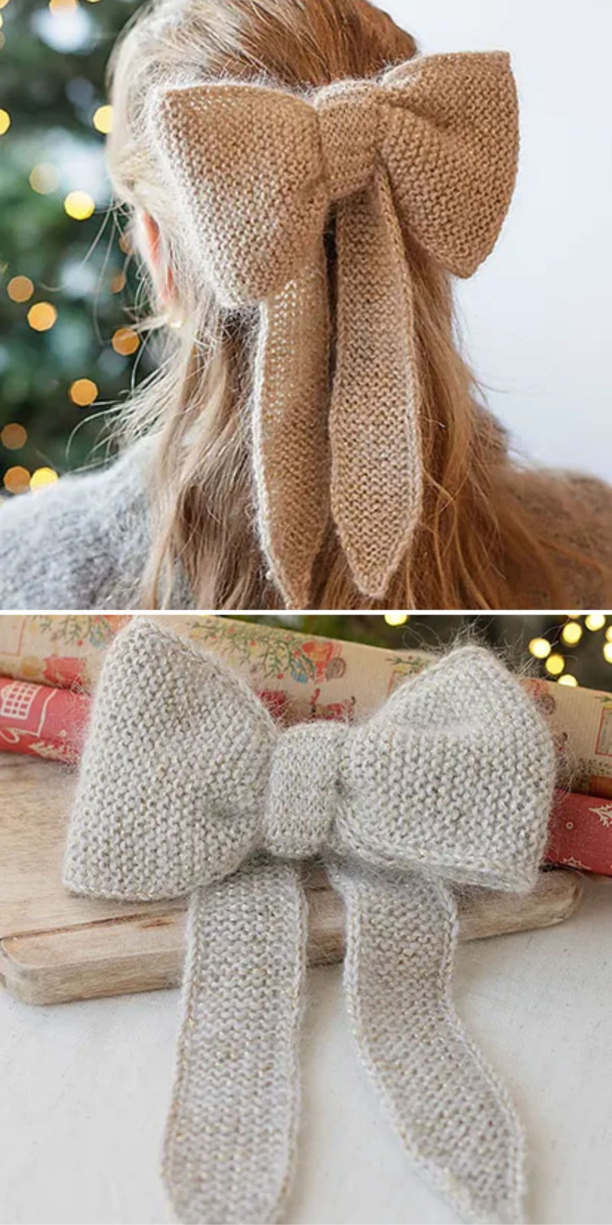 Hand-knitted beige hair bow worn by person and displayed on books near holiday lights.
