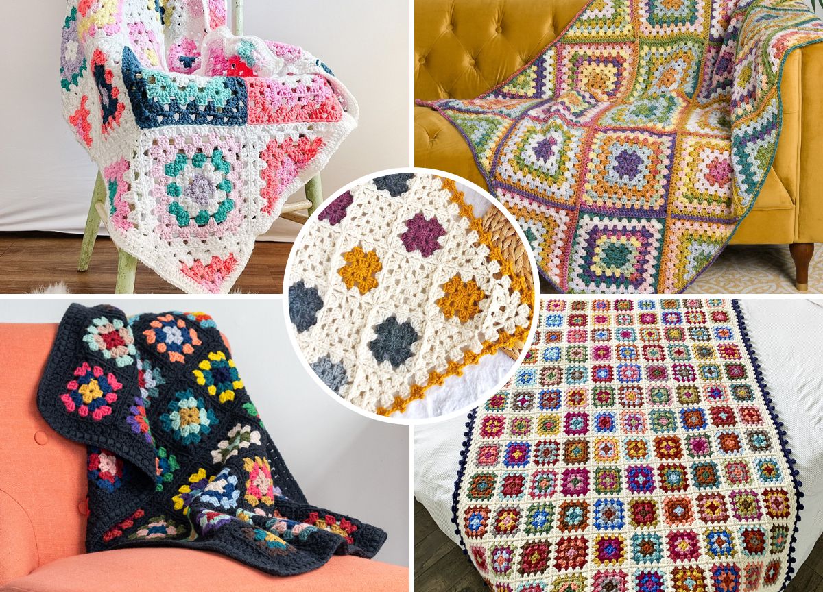 A collage of colorful crochet granny square blankets draped over furniture and arranged in various patterns.