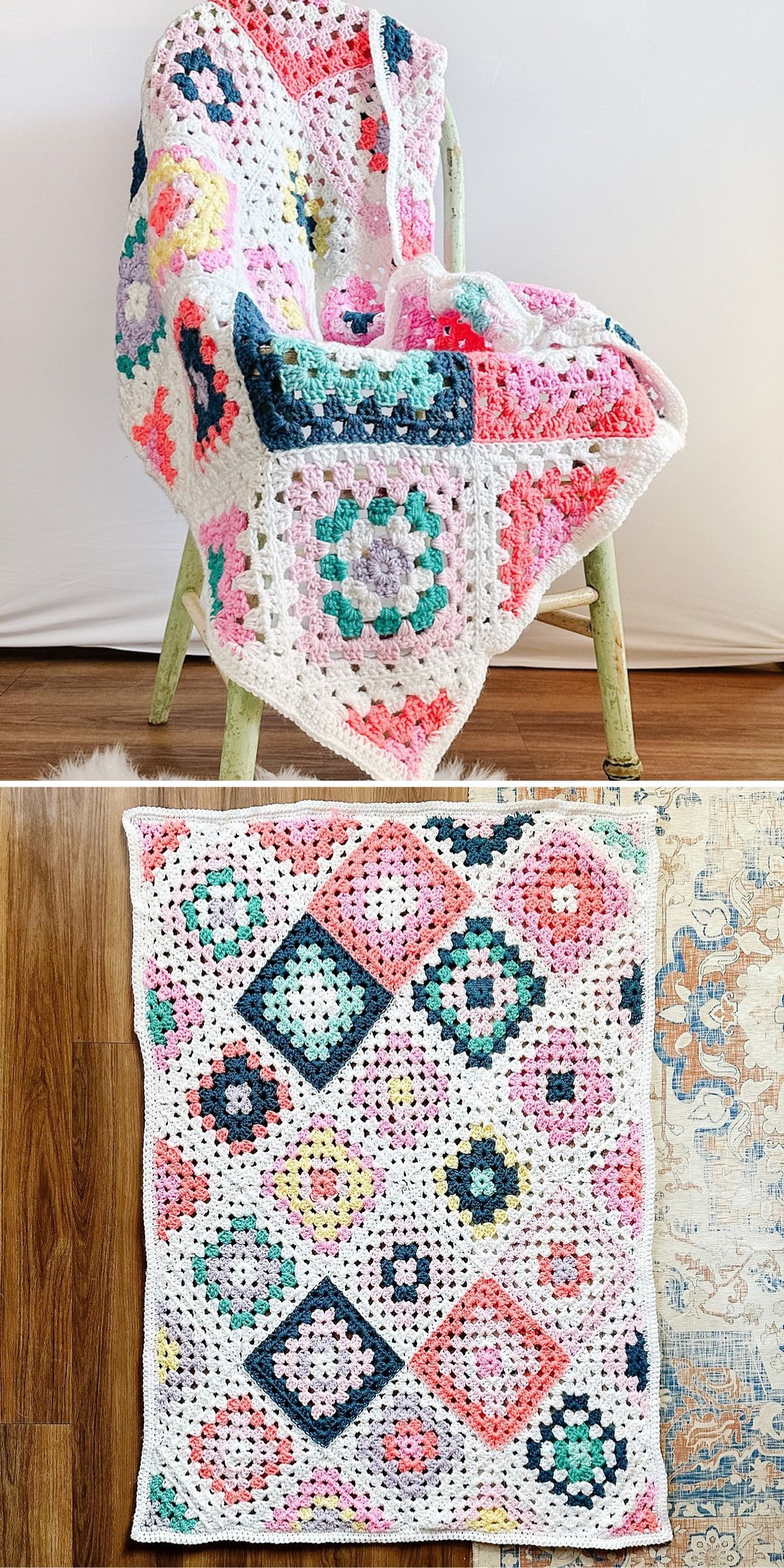 Two crochet blankets with colorful geometric patterns draped over a chair and laid flat on the floor.
