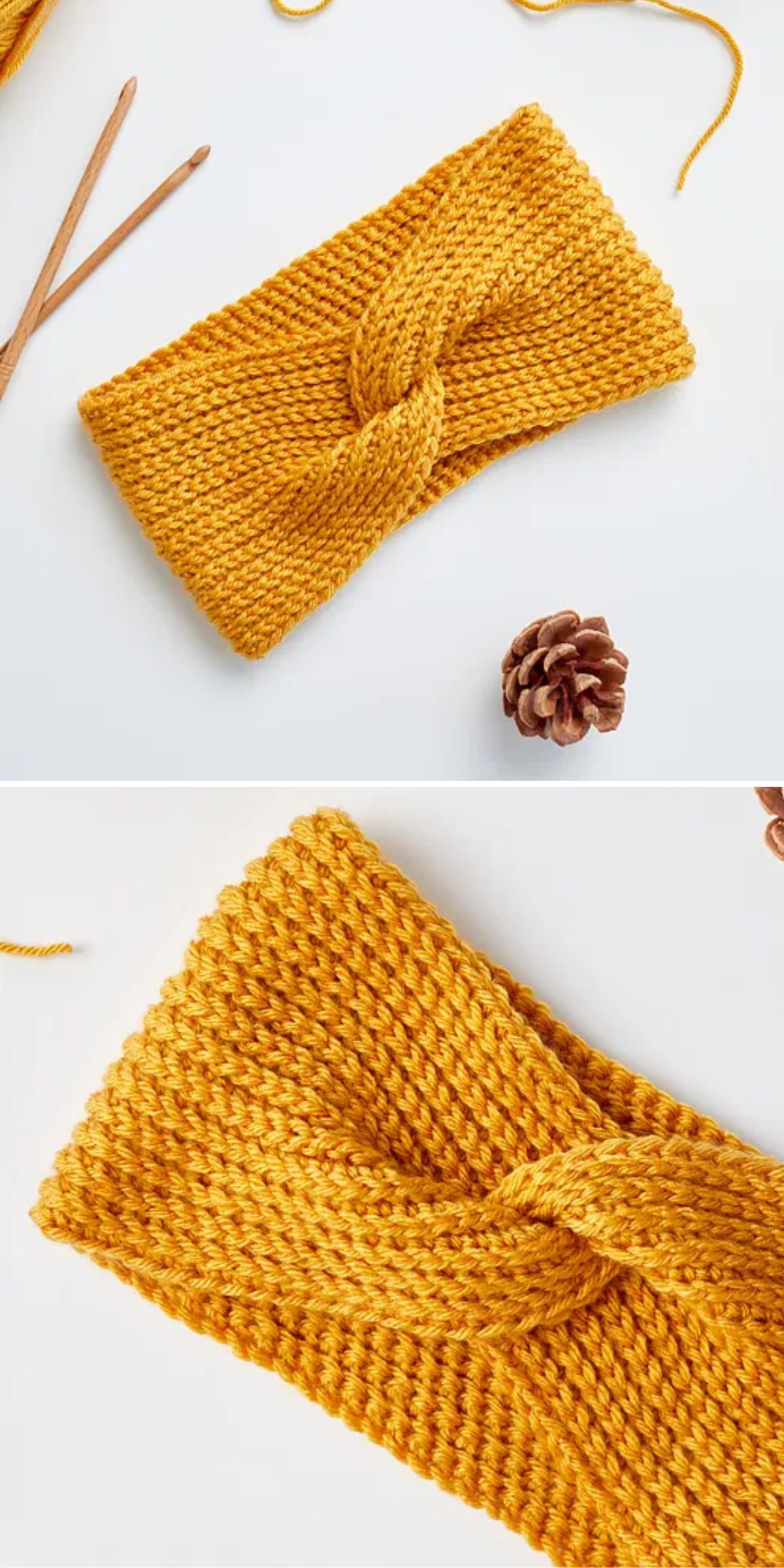 Yellow crochet headband with a twist design displayed on a white surface. Includes knitting needles, yarn, and a pine cone nearby.