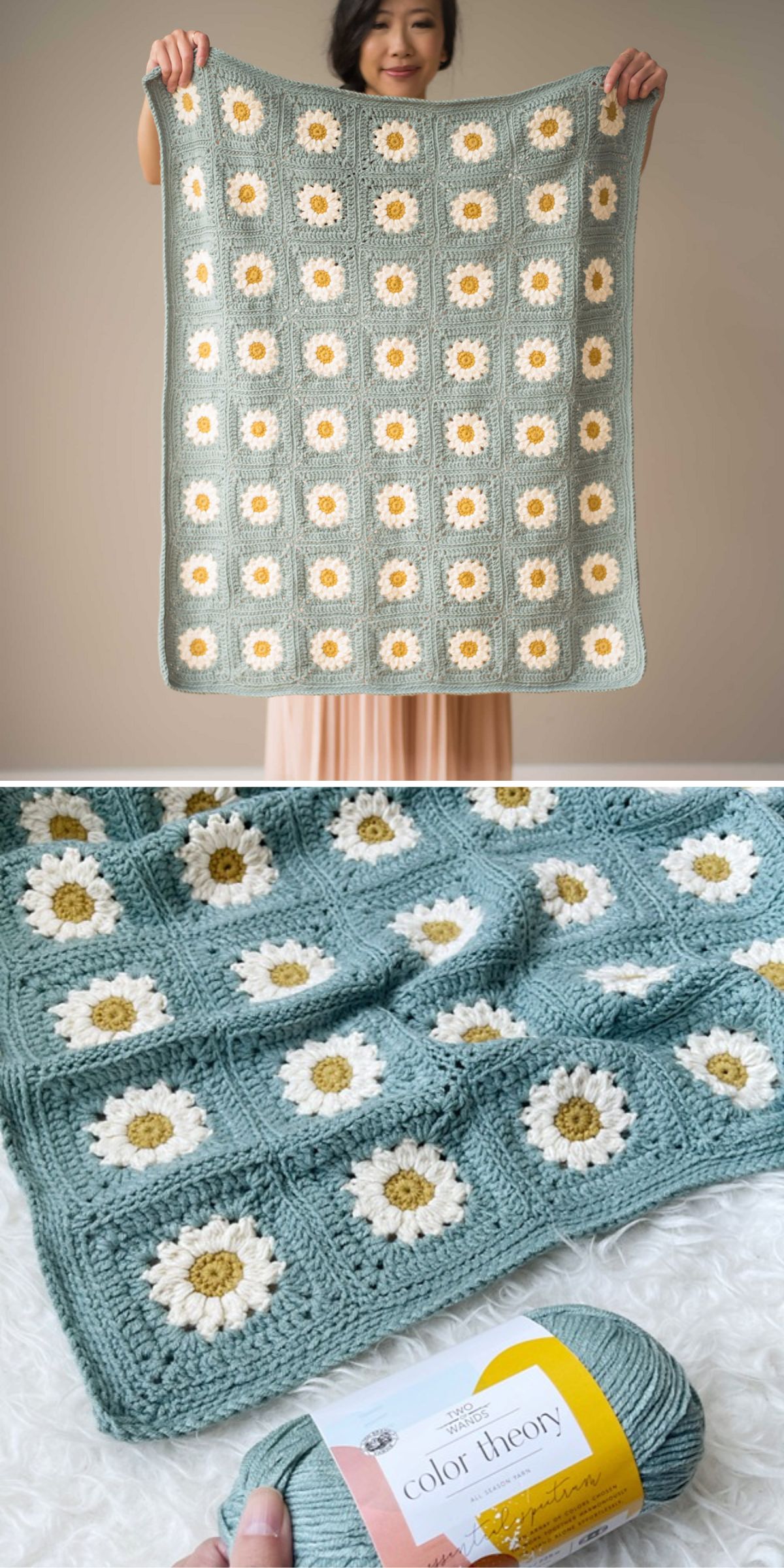 A person holds a crochet blanket featuring a pattern of daisies. Below, a close-up of the blanket is shown alongside a skein of yellow yarn labeled "color theory.
