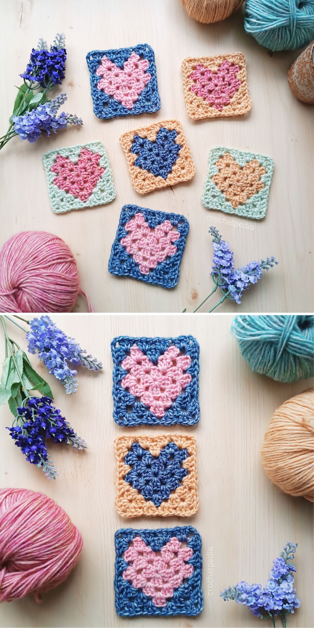 Crochet heart squares arranged on a wooden surface, surrounded by yarn balls and lavender sprigs.