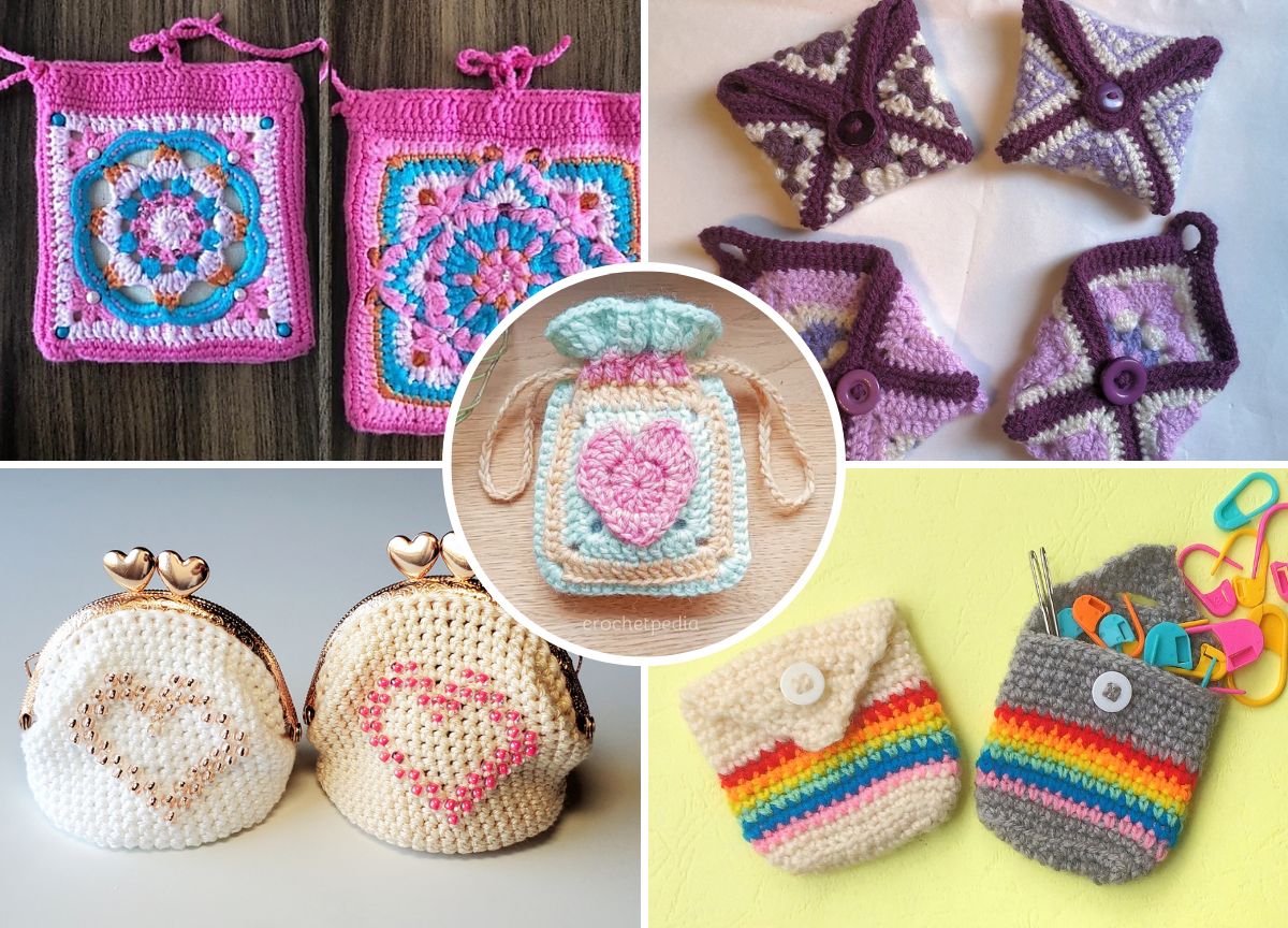 colorful crochet pouches and drawstring bags