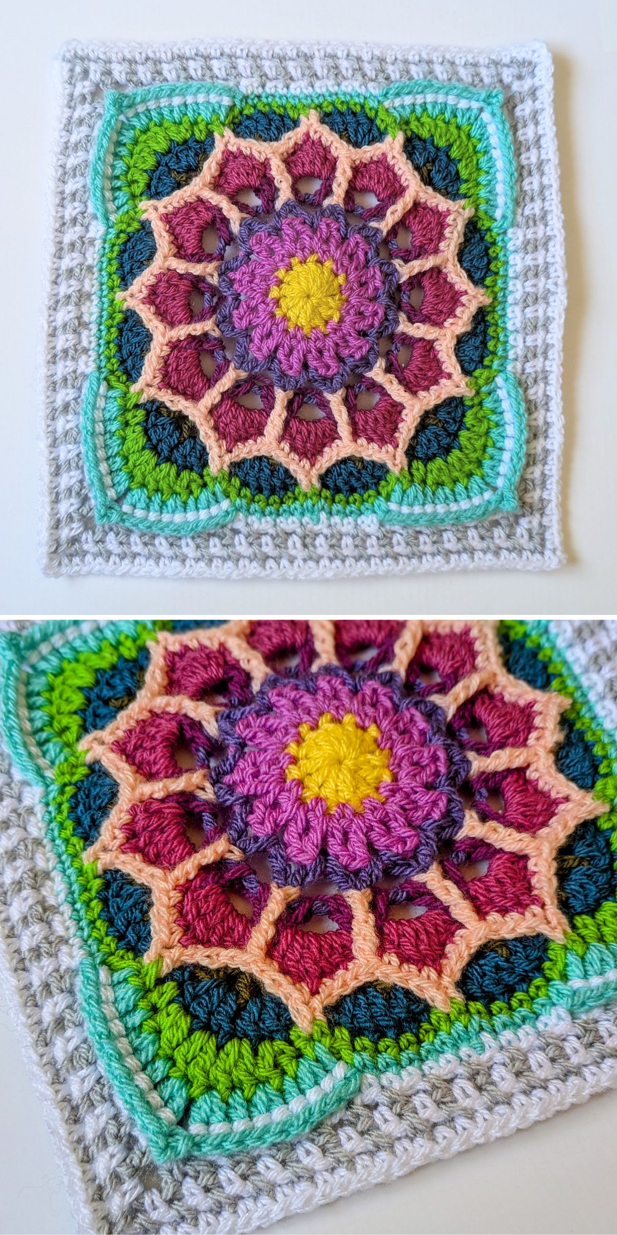 A colorful, intricate crochet afghan square with geometric patterns and vibrant shades of pink, yellow, green, and blue.