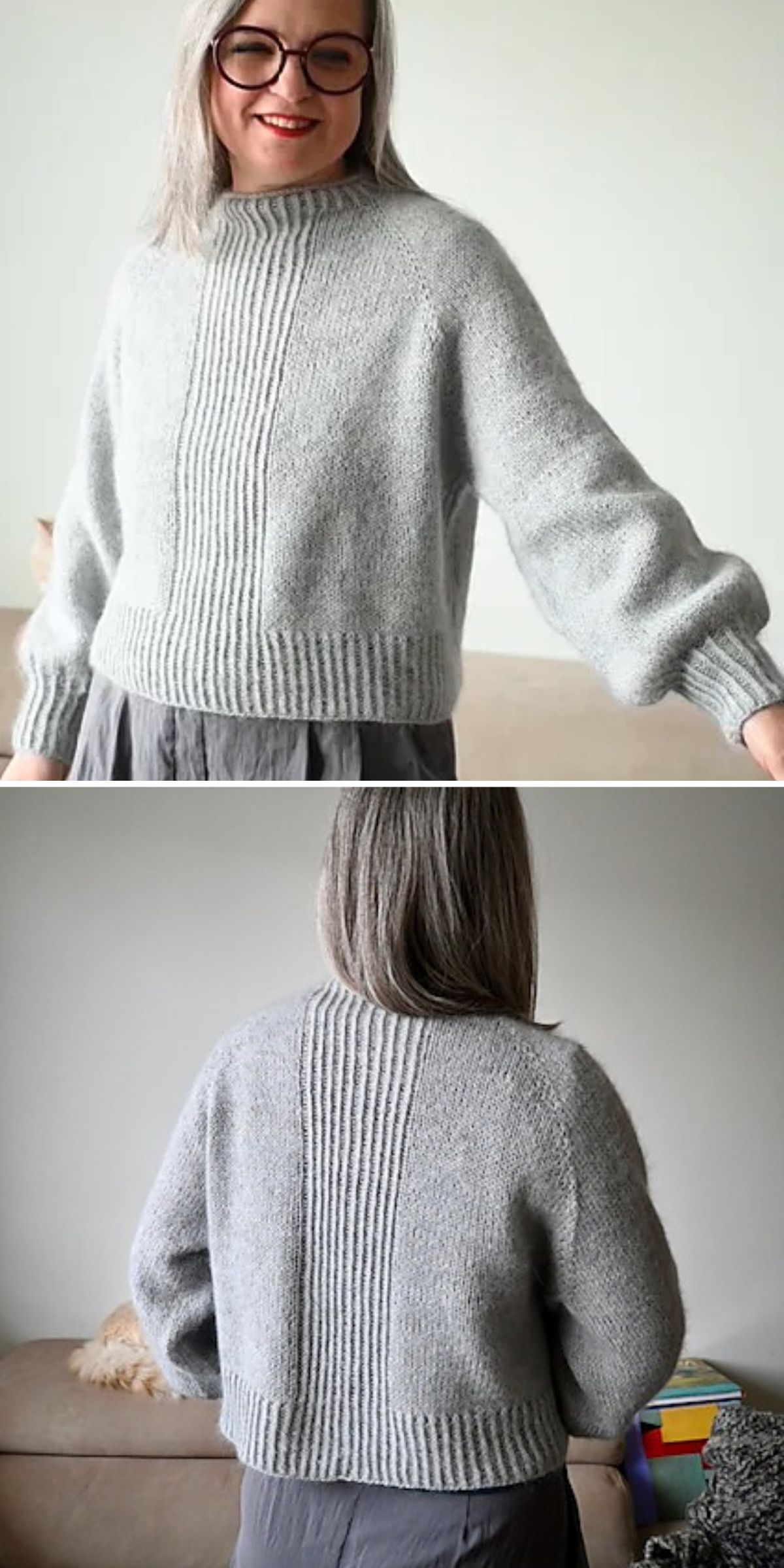 Two images of a person wearing a light gray knitted sweater: the first shows the front with vertical ribbing, and the second shows the back with similar ribbing.