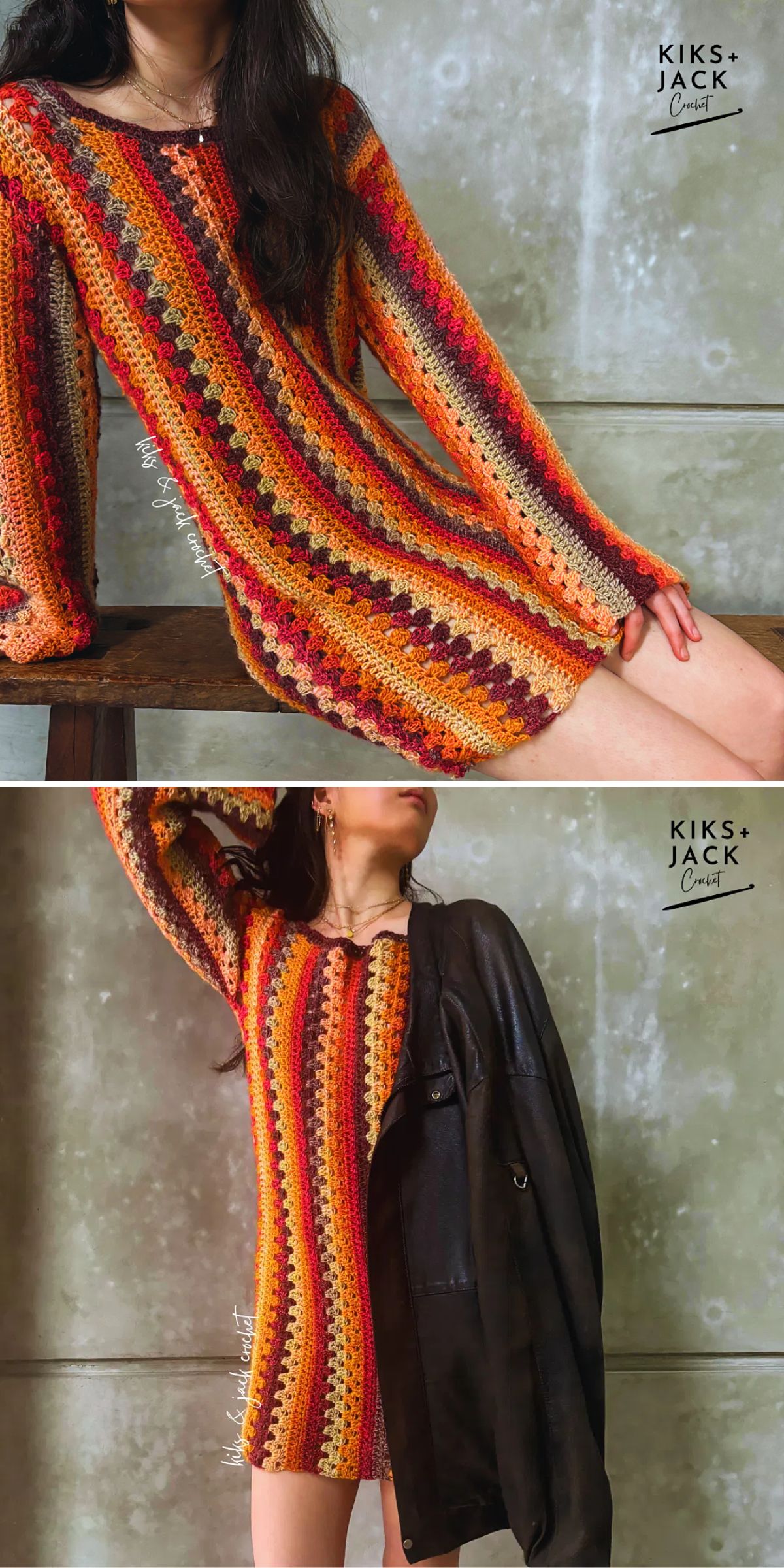 A person wears a multicolored striped crochet dress with long sleeves, sitting on a bench and standing with a black jacket draped over their shoulder.