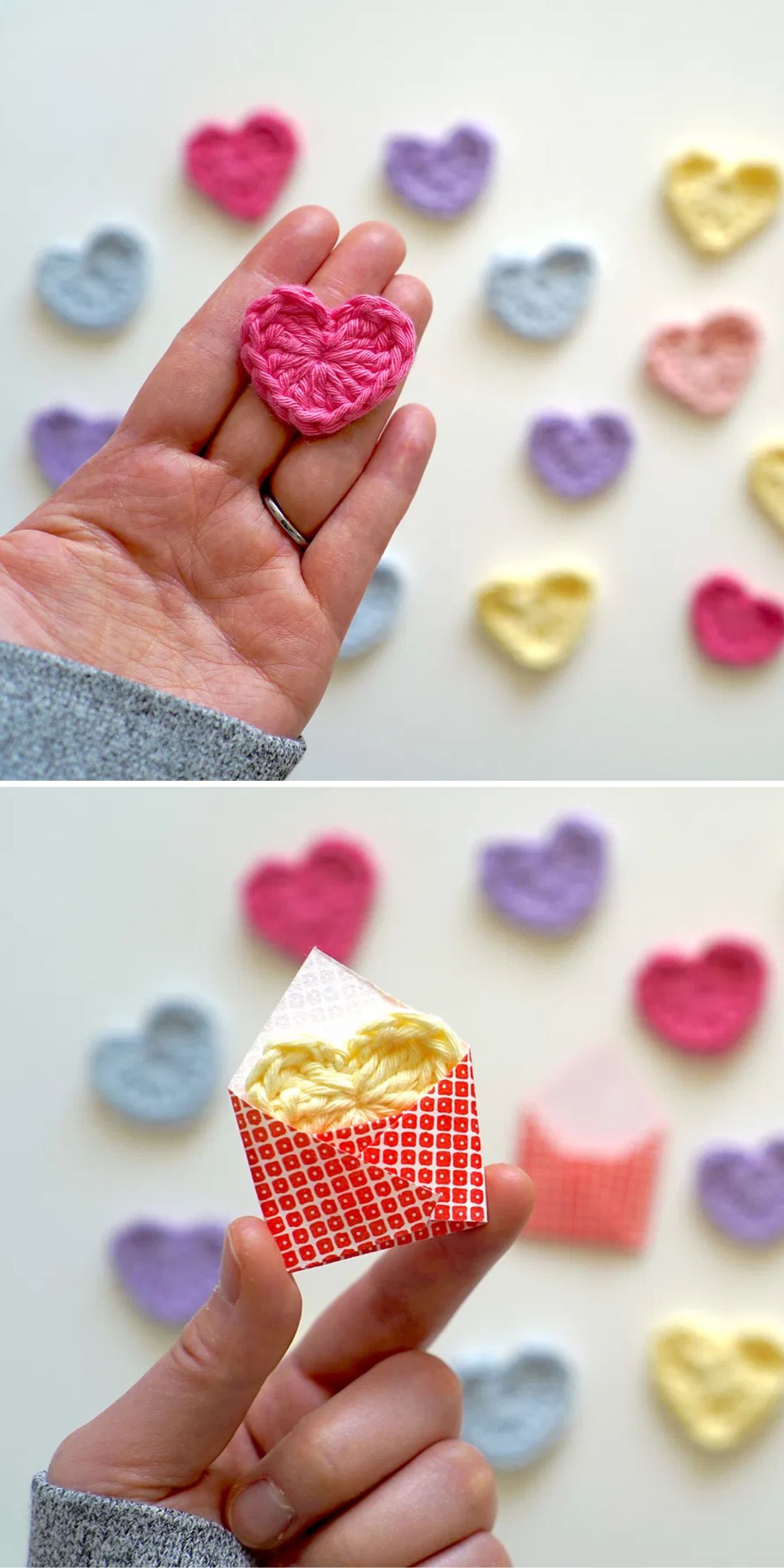 a person holding a small crochet heart applique