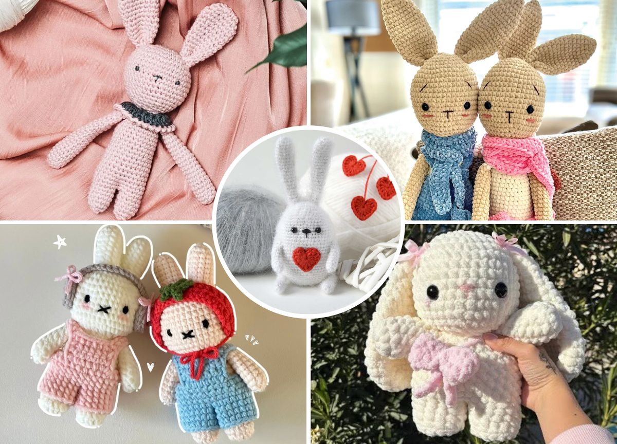 Collage of crochet bunny dolls in various styles and colors, some holding hearts or fruits, with different expressions and accessories.