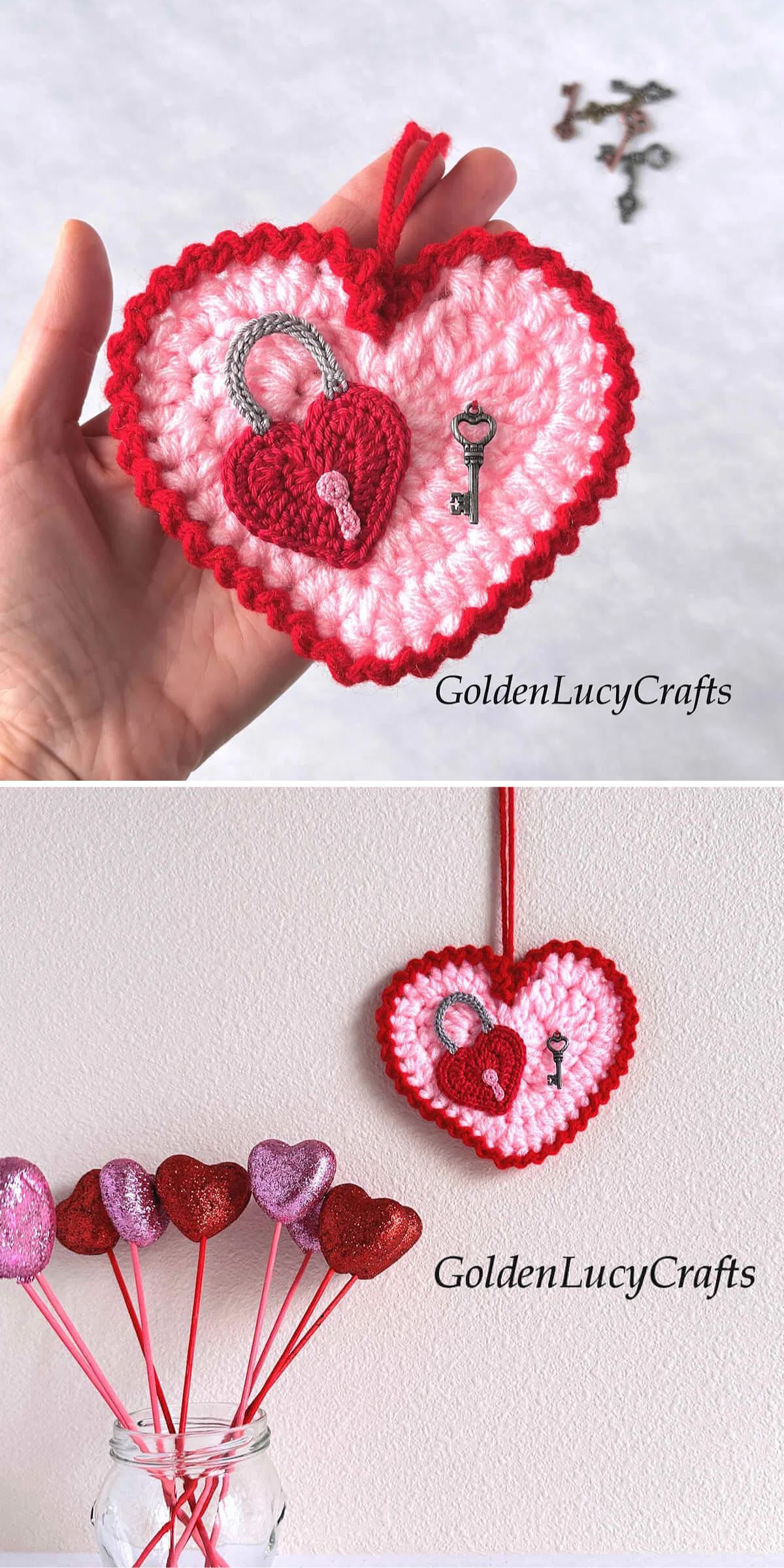 a crochet heart applique with intricate details