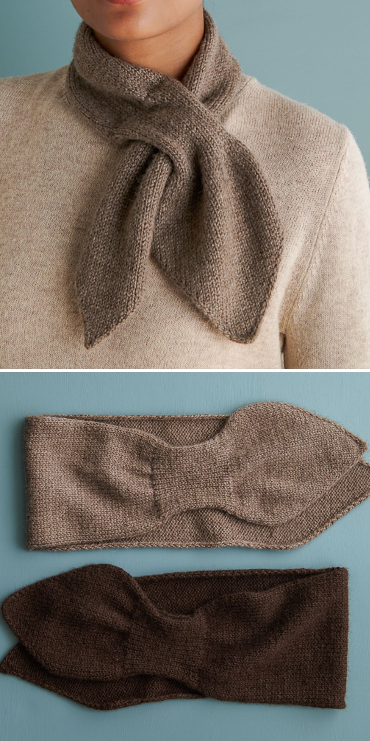 a woman wearing a knitted scarf in a brown color