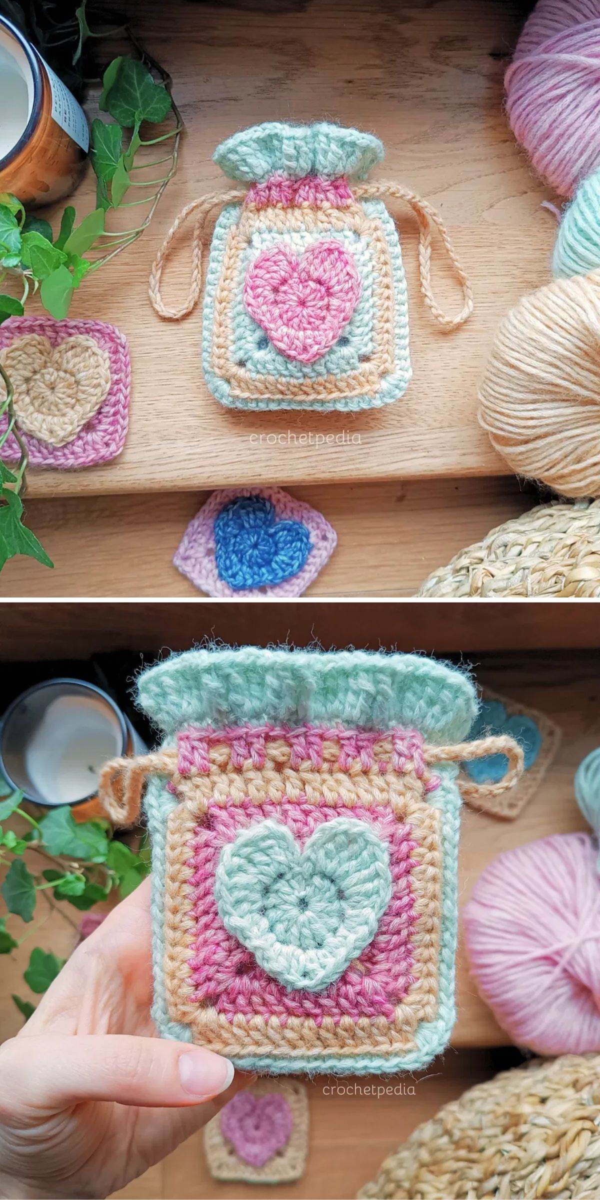 a crochet drawstring bag made of granny squares with a heart motif