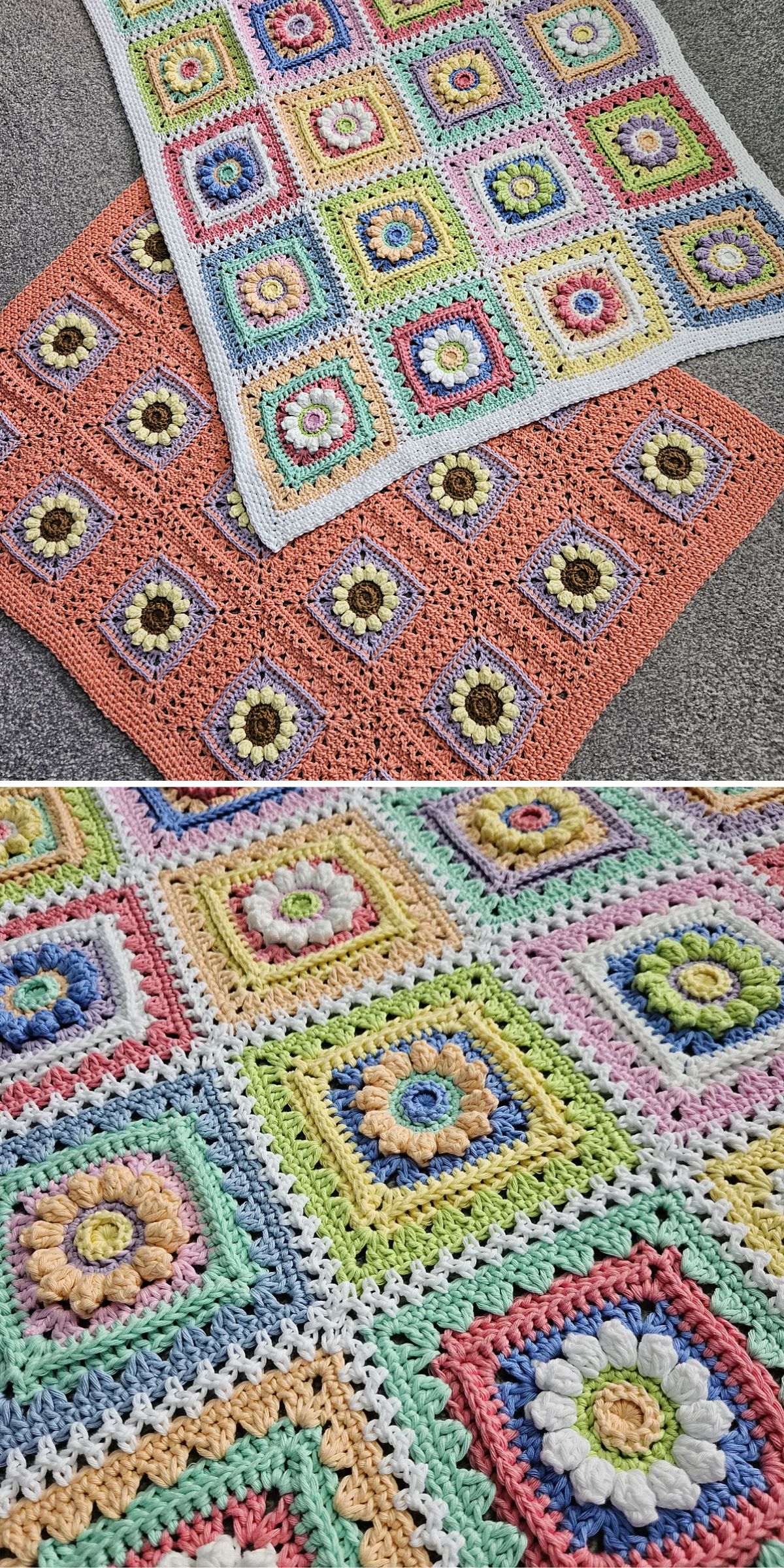 Two colorful crochet blankets with flower and square patterns on a gray surface. Close-up shows intricate details and vibrant hues.