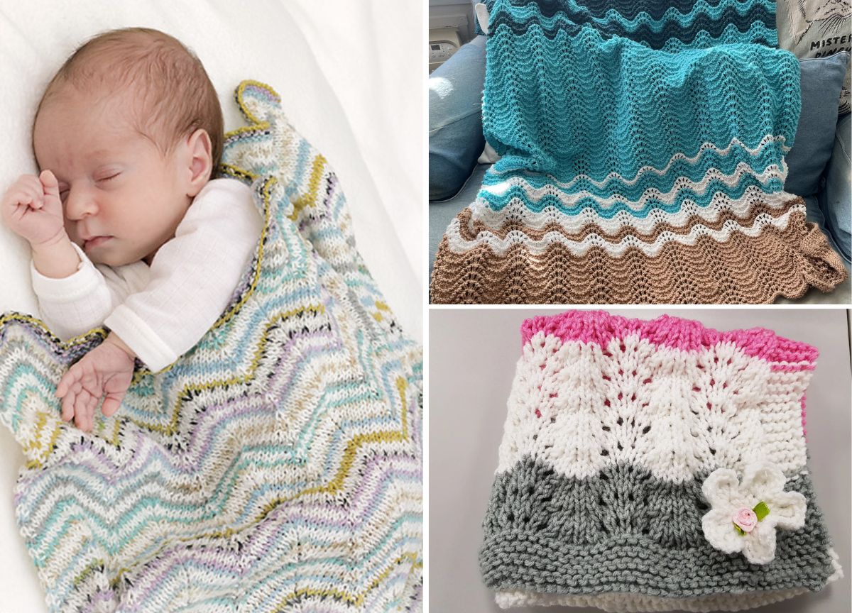 Collage of three images: a sleeping baby wrapped in a multicolored knitted blanket, a blue and brown wave-patterned knitted blanket, and a pink, white, and gray knitted blanket with a flower.