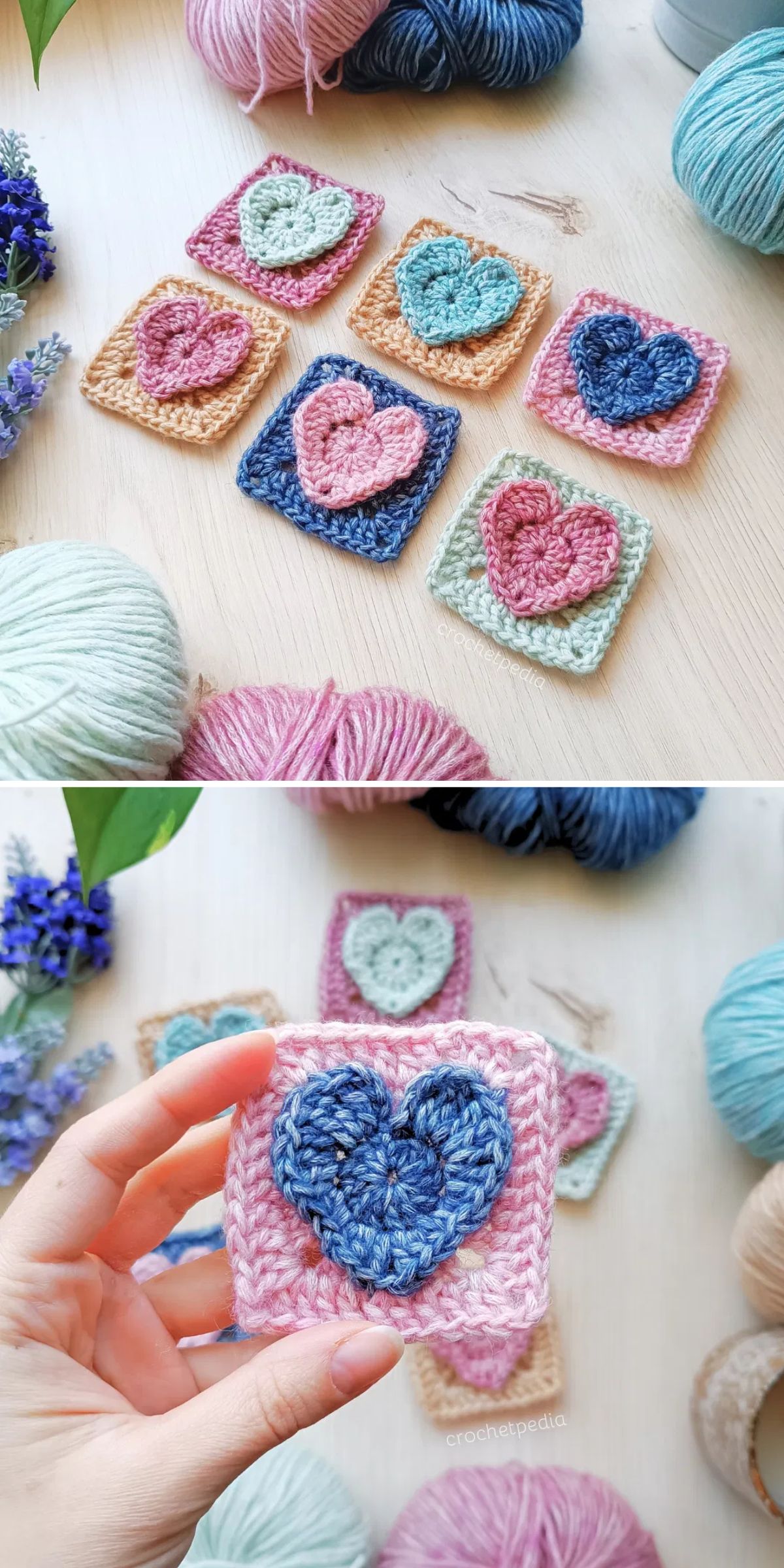 Crochet squares with heart designs in various colors are displayed on a table with yarn in the background. A hand holds one square up close.