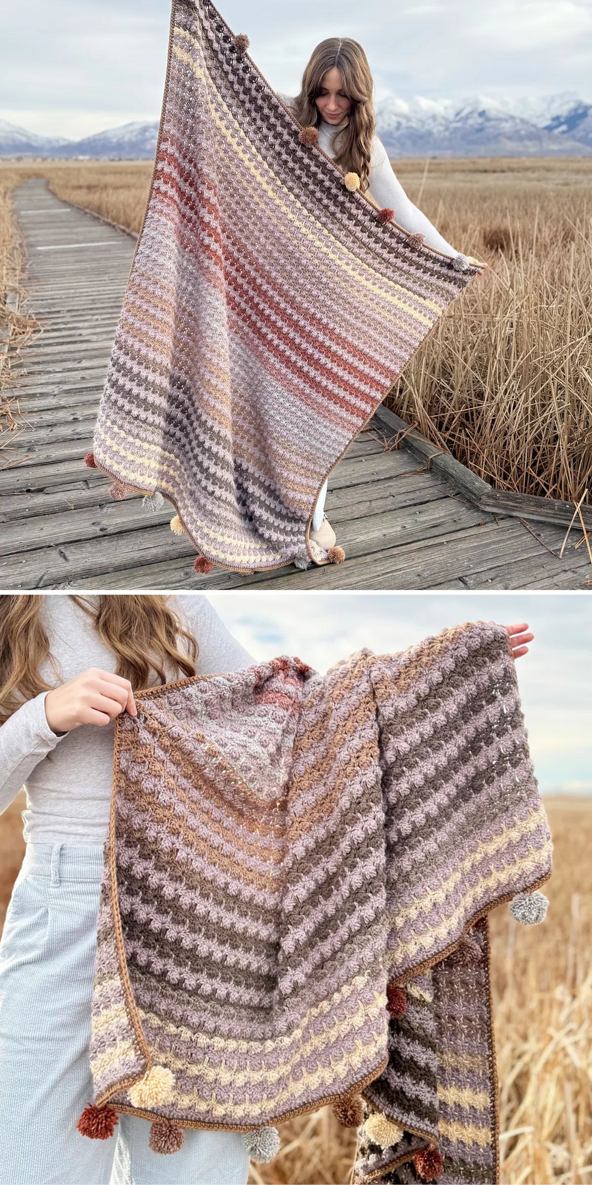 a woman showcasing a striped crochet blanket in soft colors