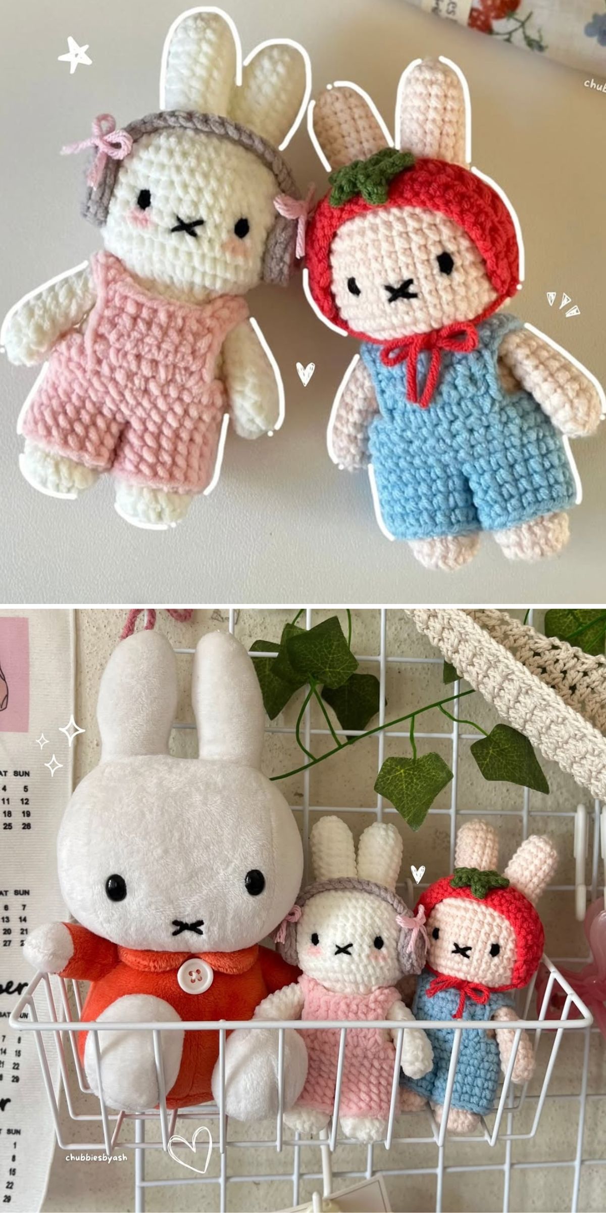 Crocheted bunny dolls, one in a pink dress and the other in a strawberry outfit. Below, three crocheted bunnies are displayed in a wire basket.