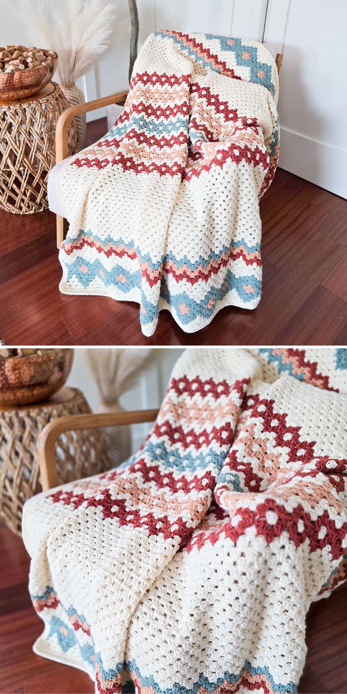 a crochet blanket with colorful stripes draped over a chair