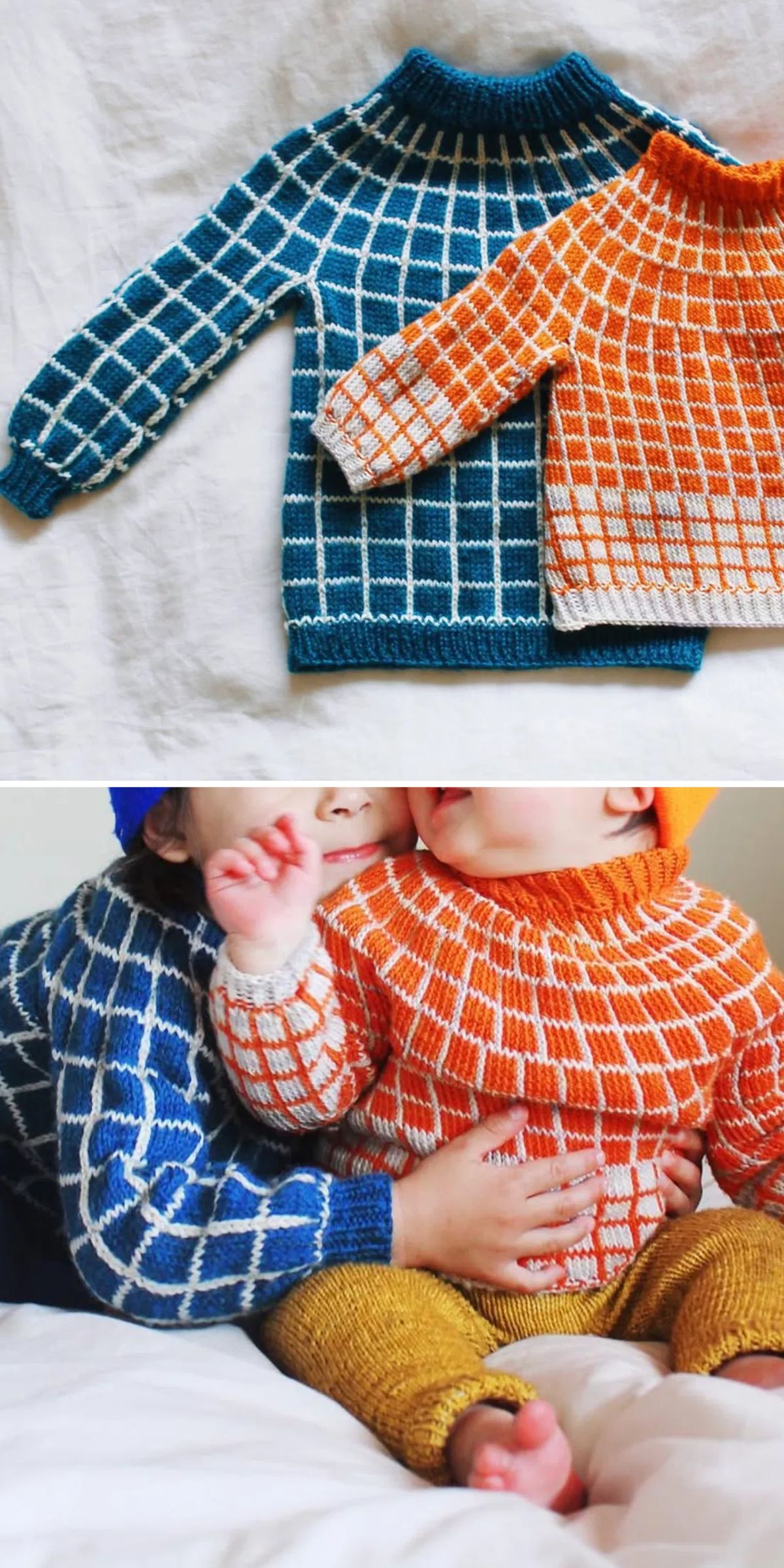 Two knitted sweaters, one blue and one orange, with a checkered pattern. Below, two children wearing the sweaters, sitting together on a white surface.