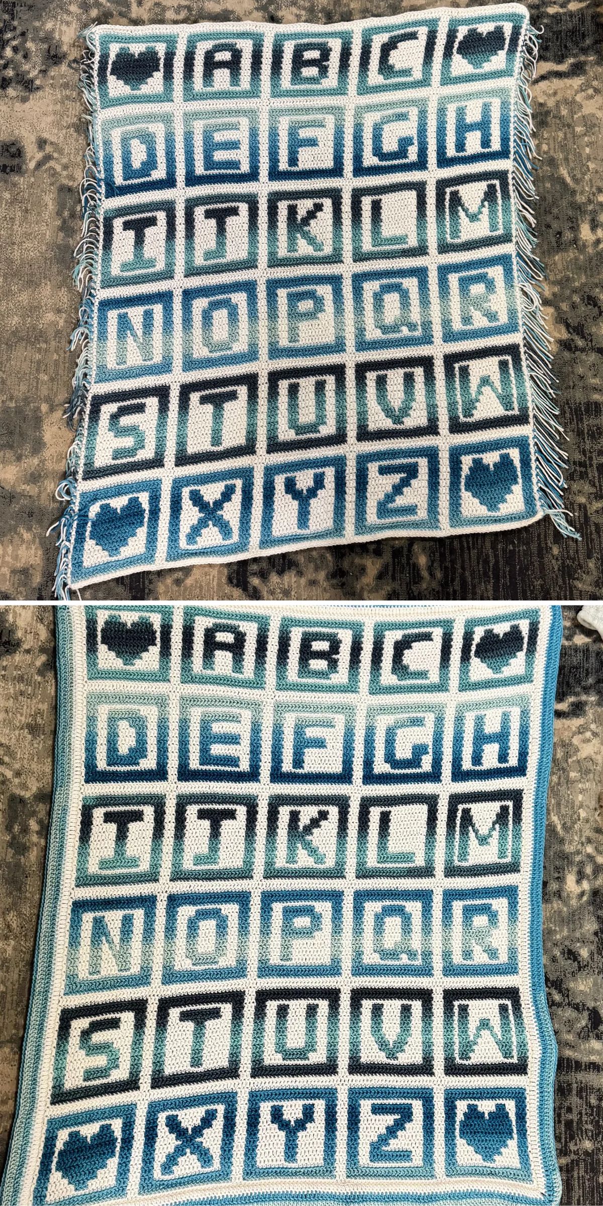A crochet blanket features the alphabet in squares, with shades of blue and white. Each letter is in its own square, and two squares contain hearts.
