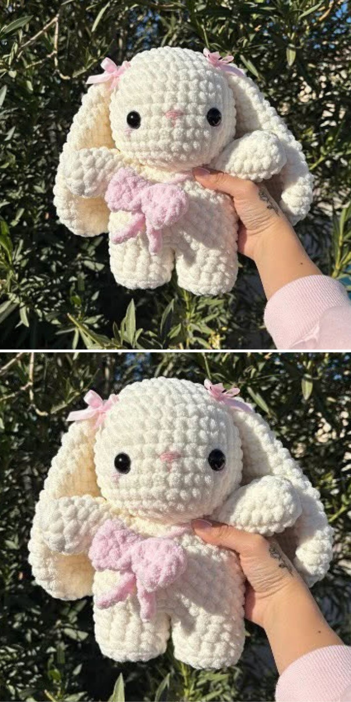 Hand holds a crocheted white bunny with a pink bow and flowers, set against a background of green foliage.
