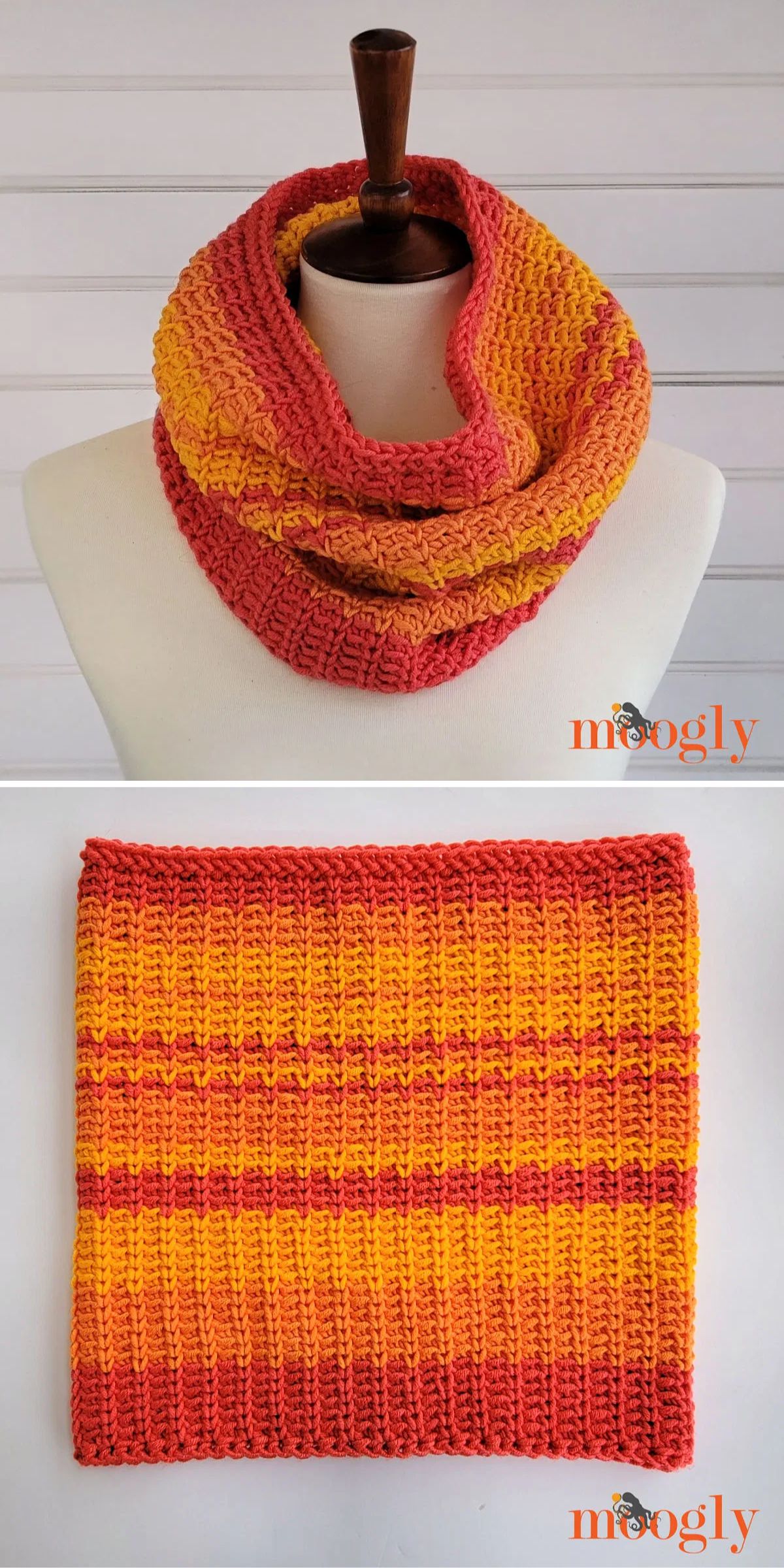Crochet cowl in red and orange stripes displayed on a mannequin and laid flat.