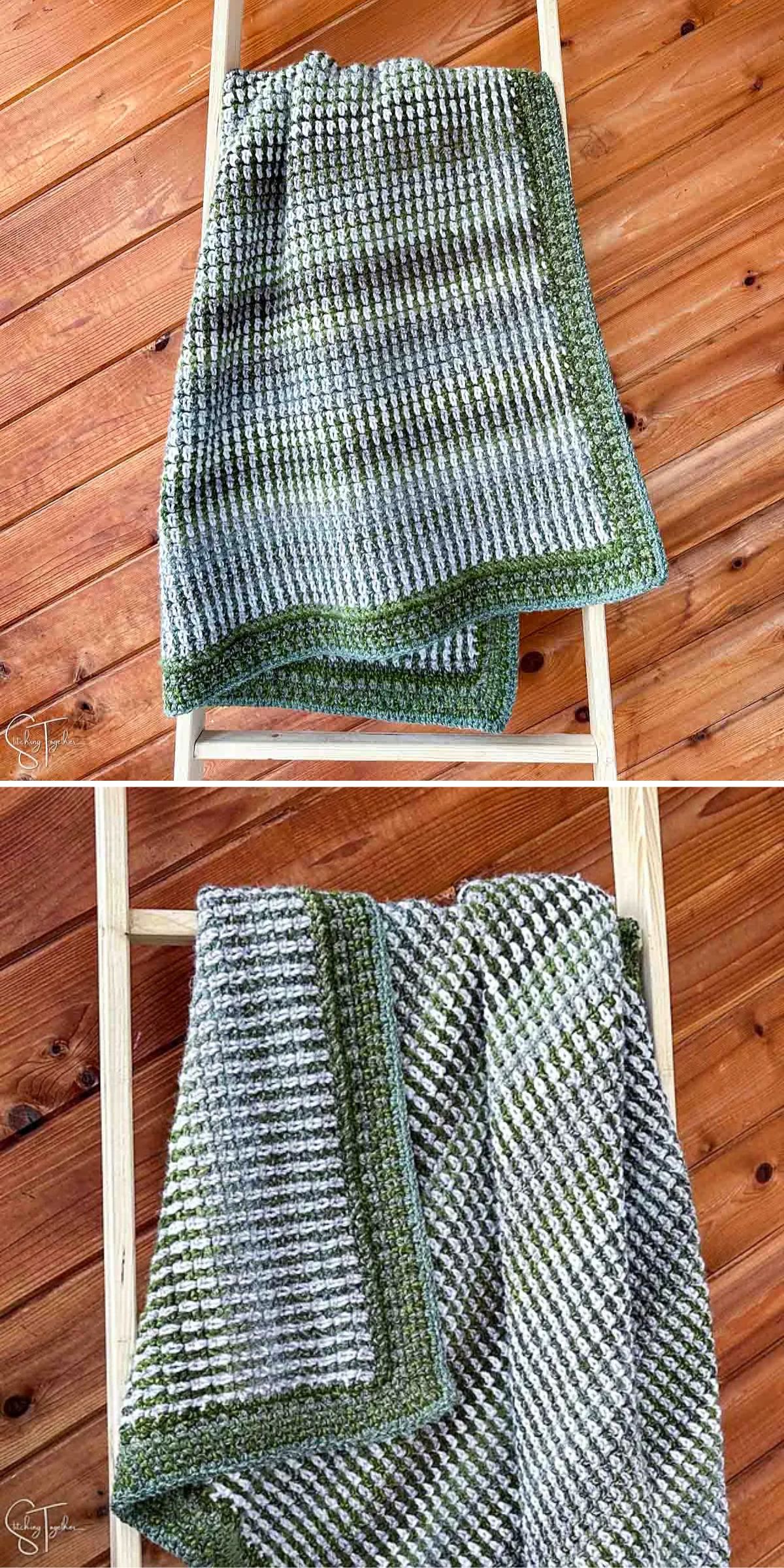 a crochet blanket in dark colors