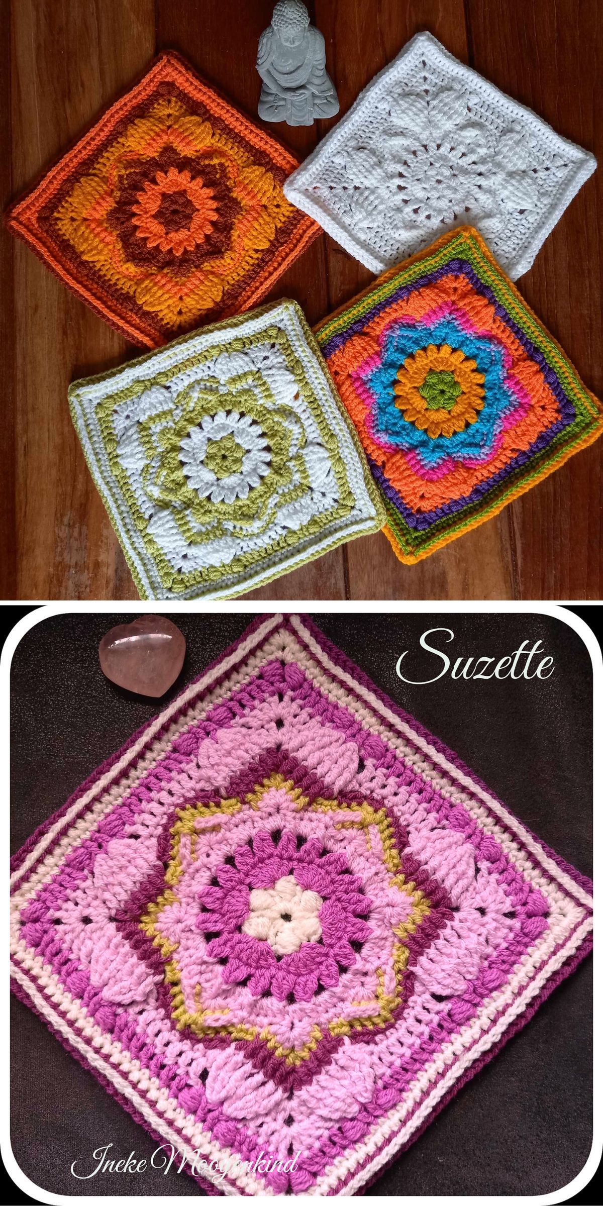 A collection of colorful crochet square patterns on a wooden surface, with a small statue in the background.