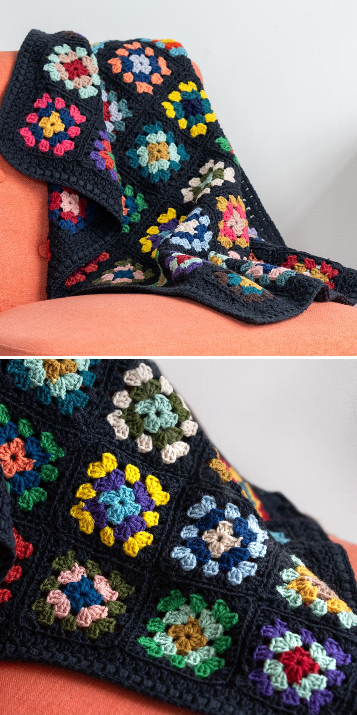 A colorful crochet granny square blanket is draped over an orange chair.
